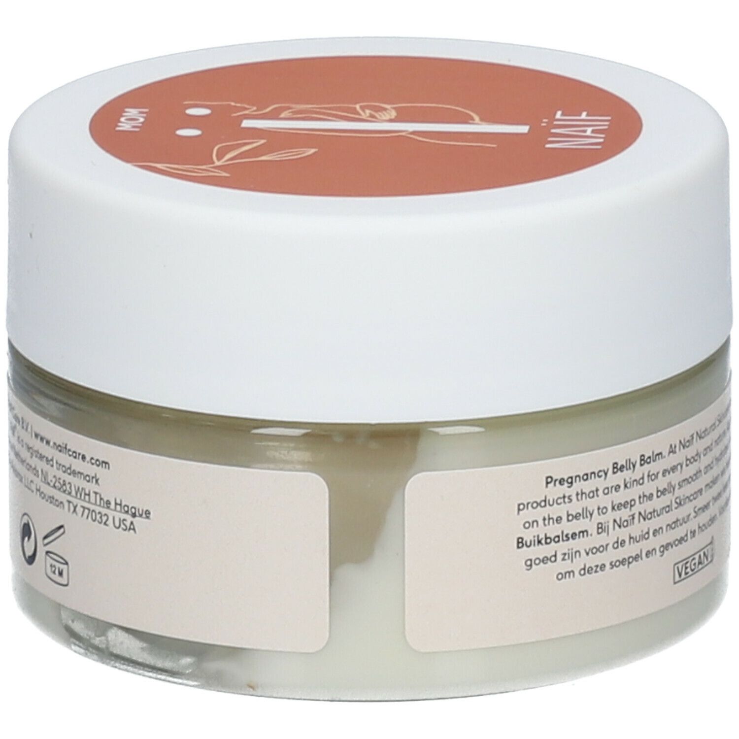 Cremebehälter mit weißem Deckel. Aufschrift: Naif. Text: Pregnancy Belly Balm. Vegan-Siegel.