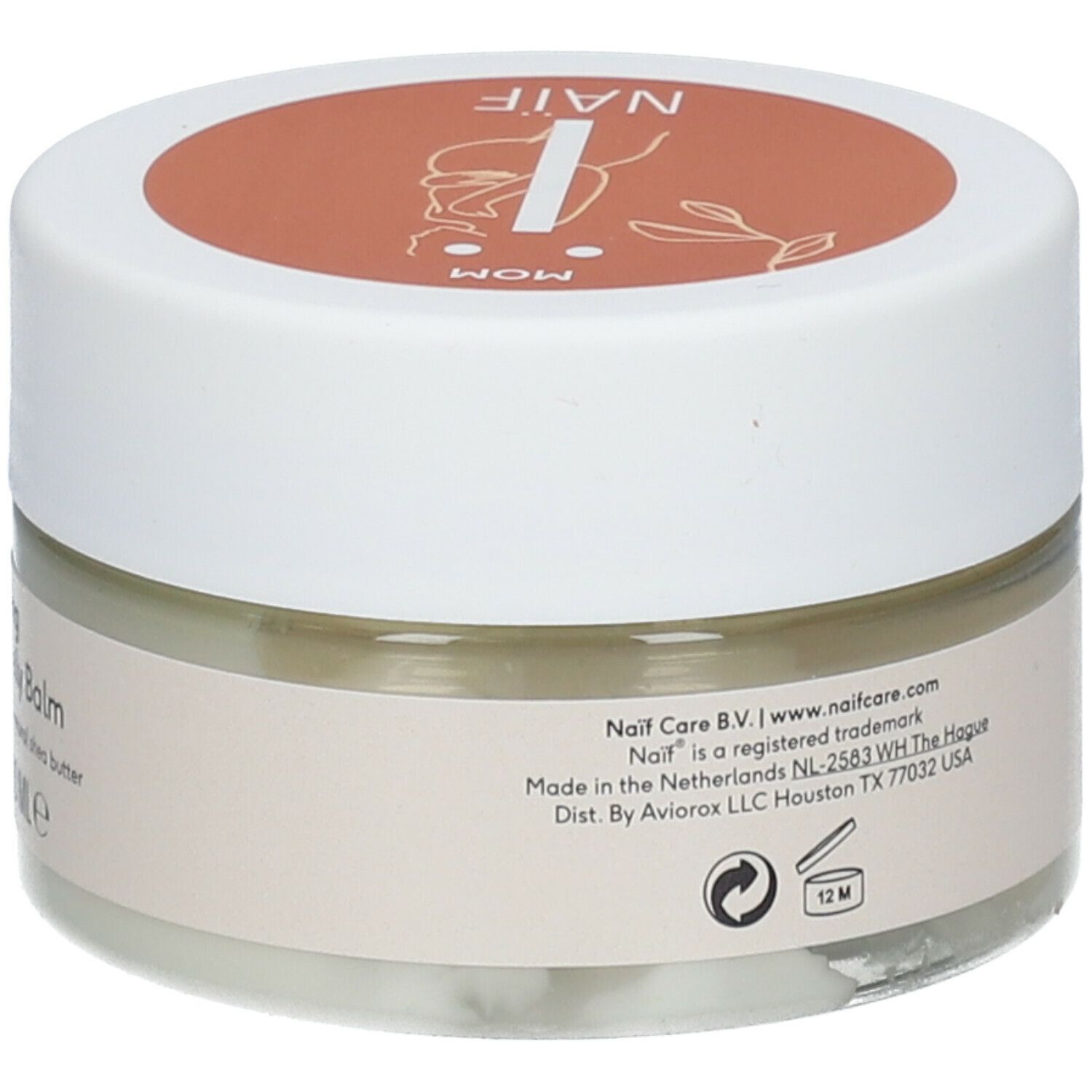Cremebehälter mit weißem Deckel. Aufschrift: Naif. Text: Pregnancy Belly Balm. Hergestellt in den Niederlanden.