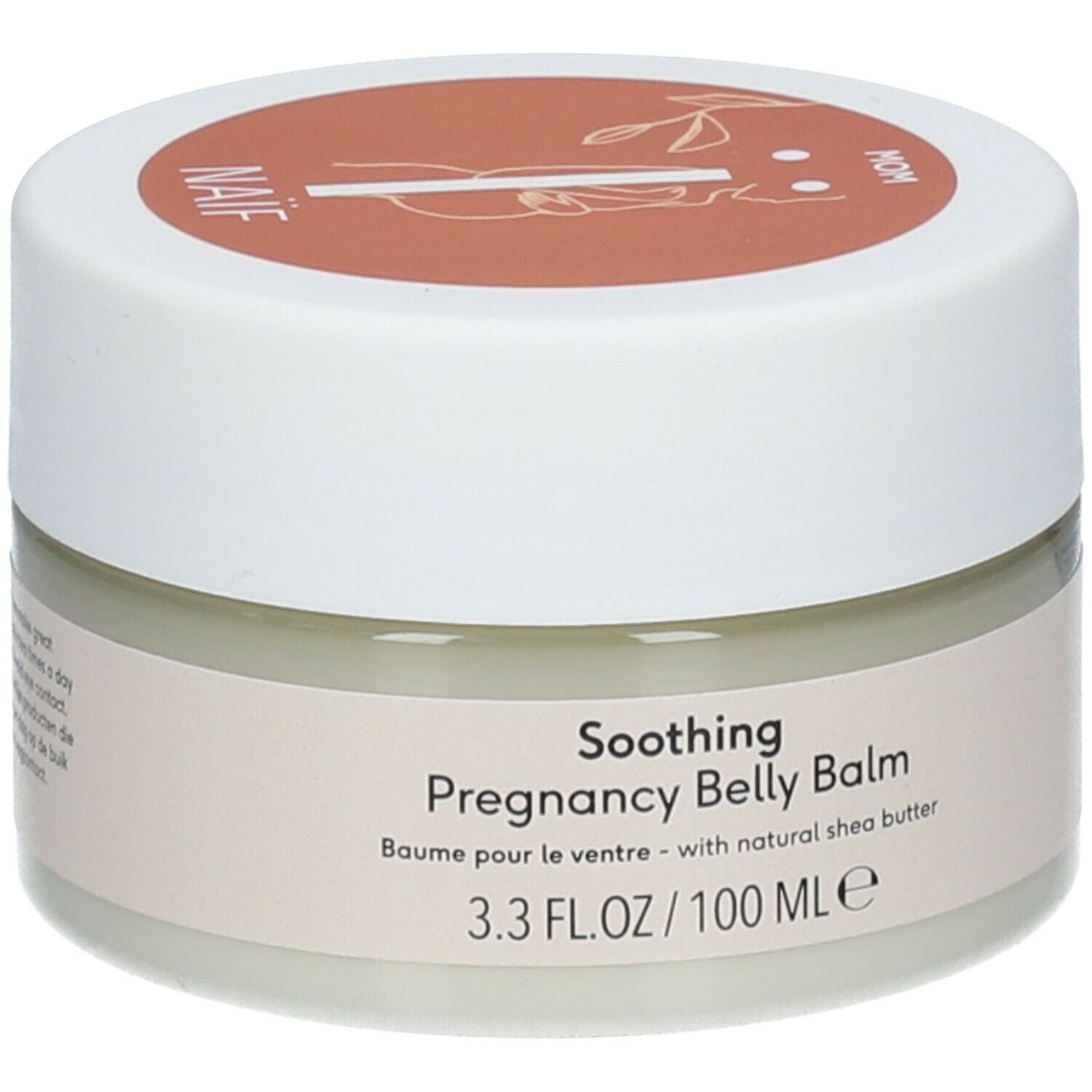 Cremebehälter mit weißem Deckel. Aufschrift: Soothing Pregnancy Belly Balm. 3.3 FL.OZ./100 ml e.