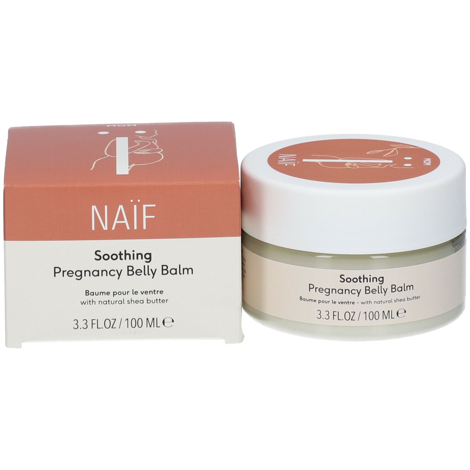 Cremebehälter und Schachtel. Aufschrift: Naif, Soothing Pregnancy Belly Balm. 3.3 FL.OZ./100 ml e.