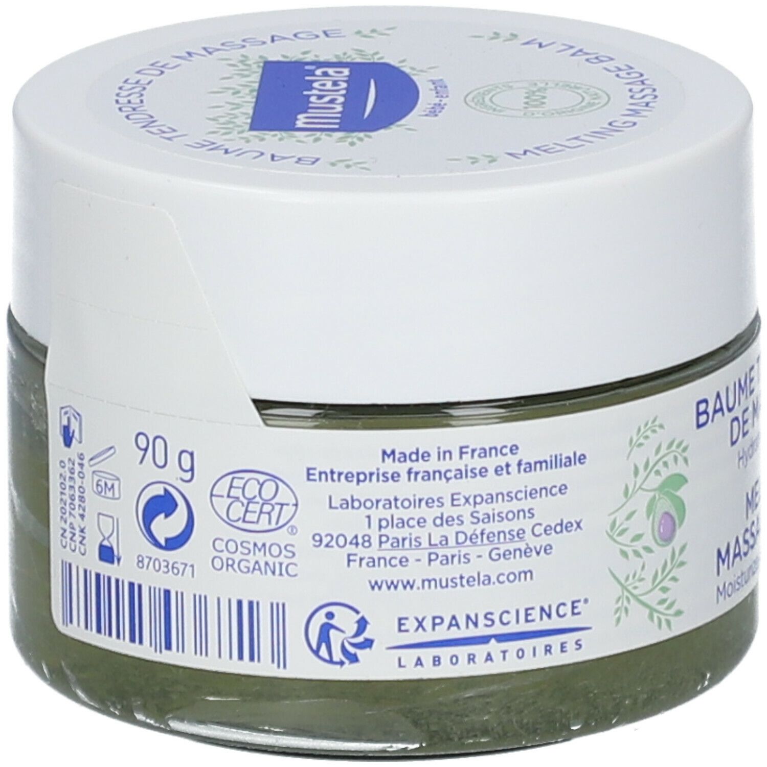Potje met witte deksel. Opschrift: Baume Tendresse de Massage, Melting Massage Balm. Achterkant met tekst en logo.