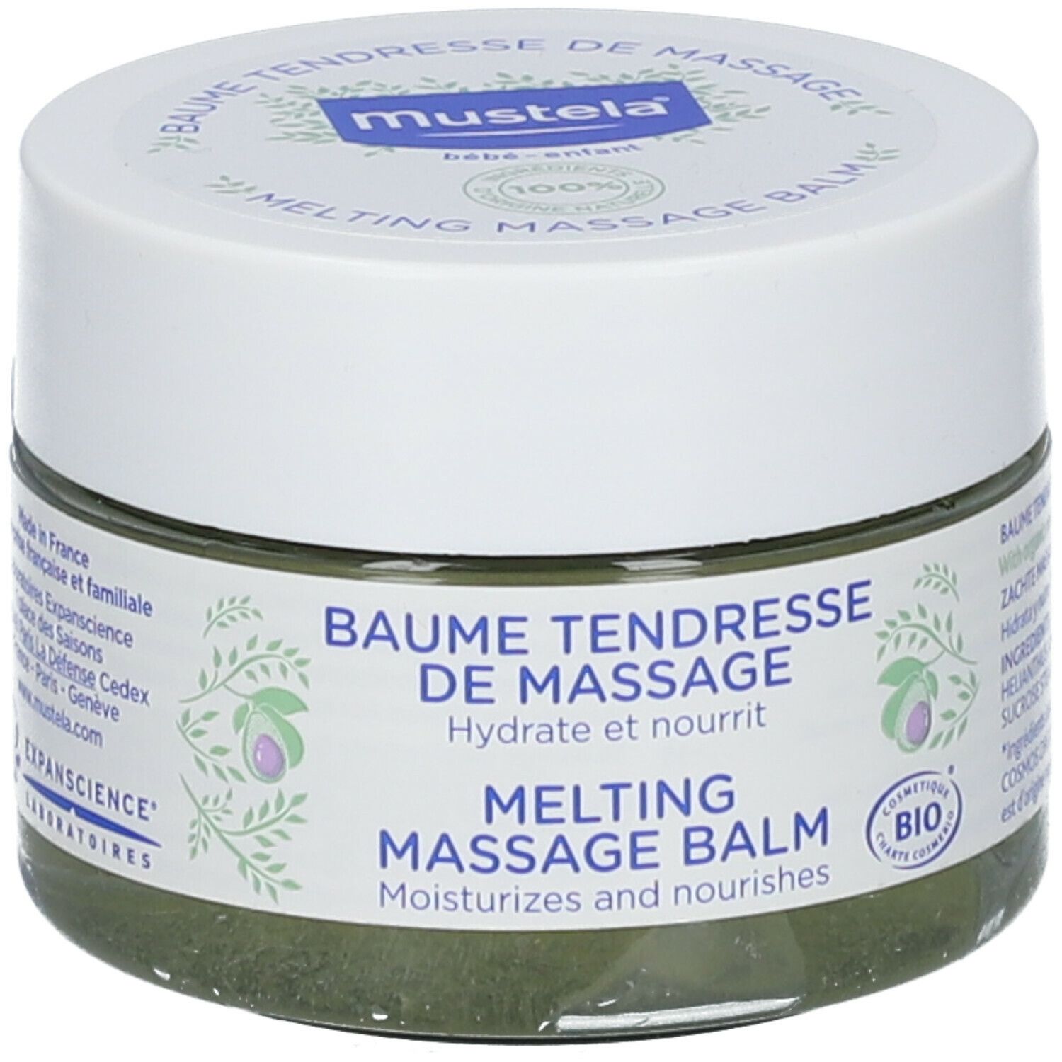Potje met witte deksel. Opschrift: Baume Tendresse de Massage, Melting Massage Balm. Bio-certificering.