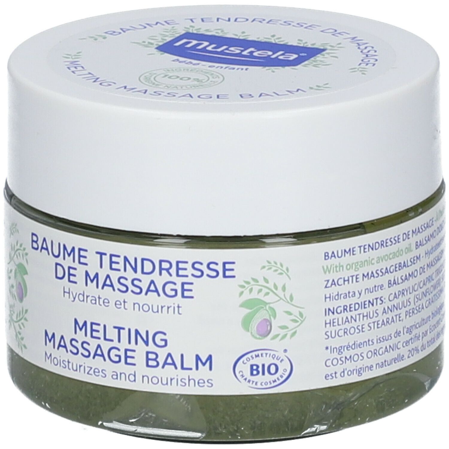 Potje met witte deksel. Opschrift: Baume Tendresse de Massage, Melting Massage Balm. Bio-certificering.