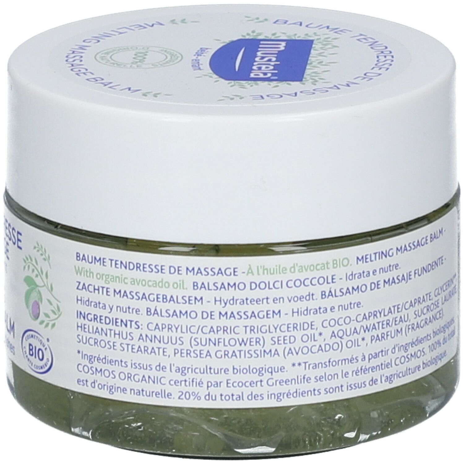 Potje met witte deksel. Opschrift: Baume Tendresse de Massage, Melting Massage Balm. Bio-certificering.