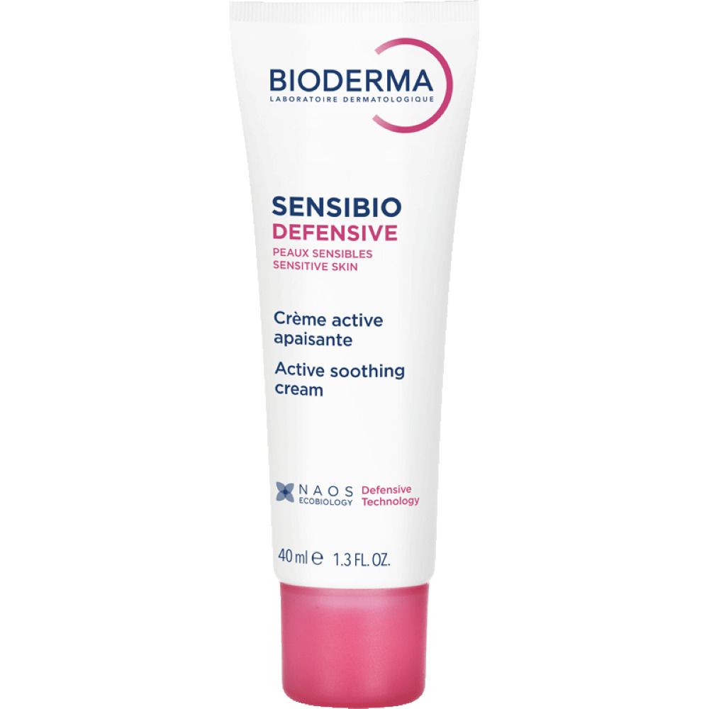 Tube de crème blanc et rose. Inscriptions: BIODERMA, Sensibio Defensive. Texte en français et anglais.