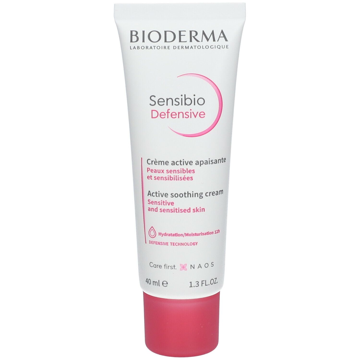Witte crème tube met roze accenten. Opschrift: BIODERMA, Sensibio Defensive. Tekst in het Frans en Engels.