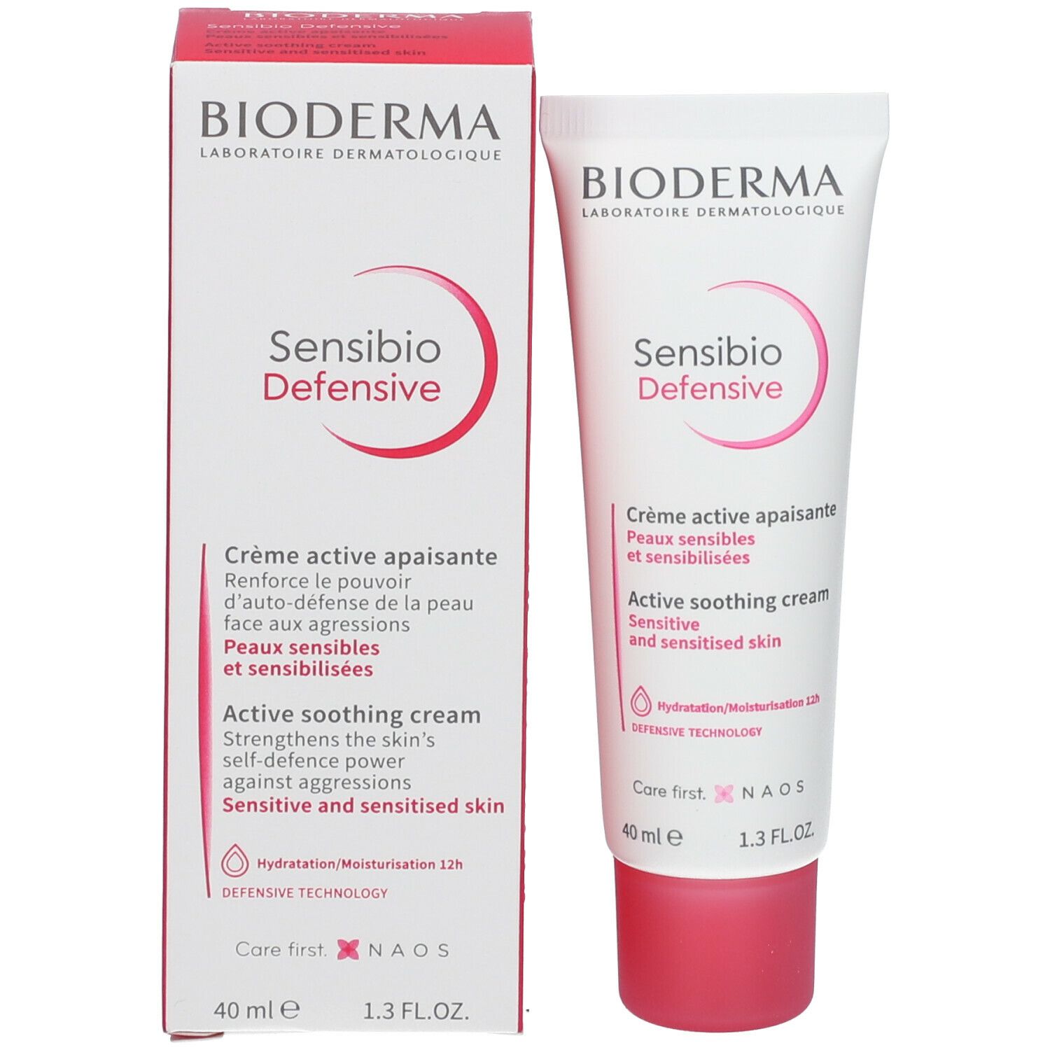 BIODERMA Sensibio Defensive crème tube en doos. Wit en roze. Tekst in het Frans en Engels.