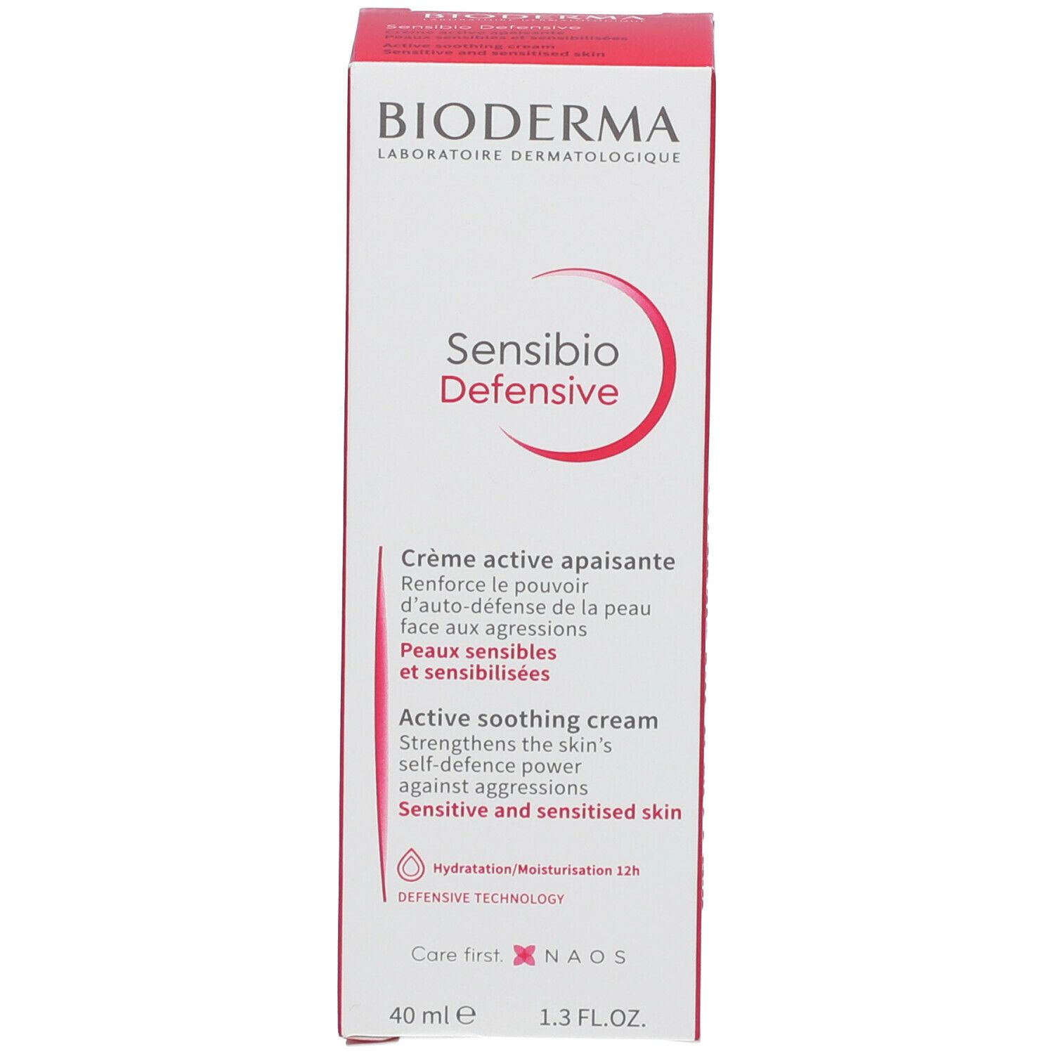 Doos, wit en roze. Opschrift: BIODERMA, Sensibio Defensive. Tekst in het Frans en Engels.