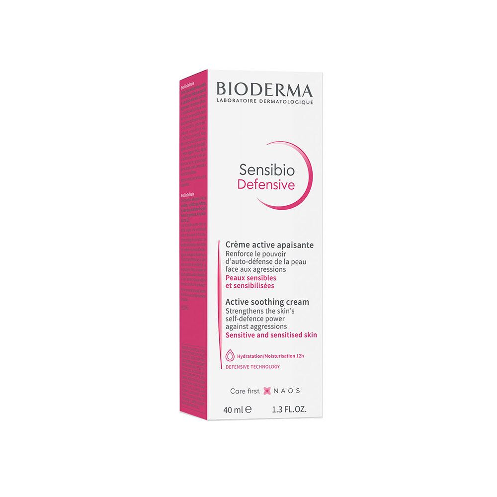 Witte crème tube met roze accenten. Opschrift: BIODERMA, Sensibio Defensive. Tekst in het Frans en Engels.