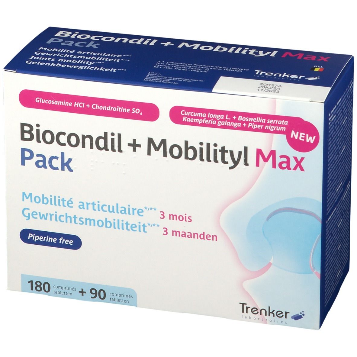 Verpakking van Biocondil + Mobilityl Max Pack. Bevat 180 + 90 tabletten. Met glucosamine, chondroïtine en kruidenextracten.