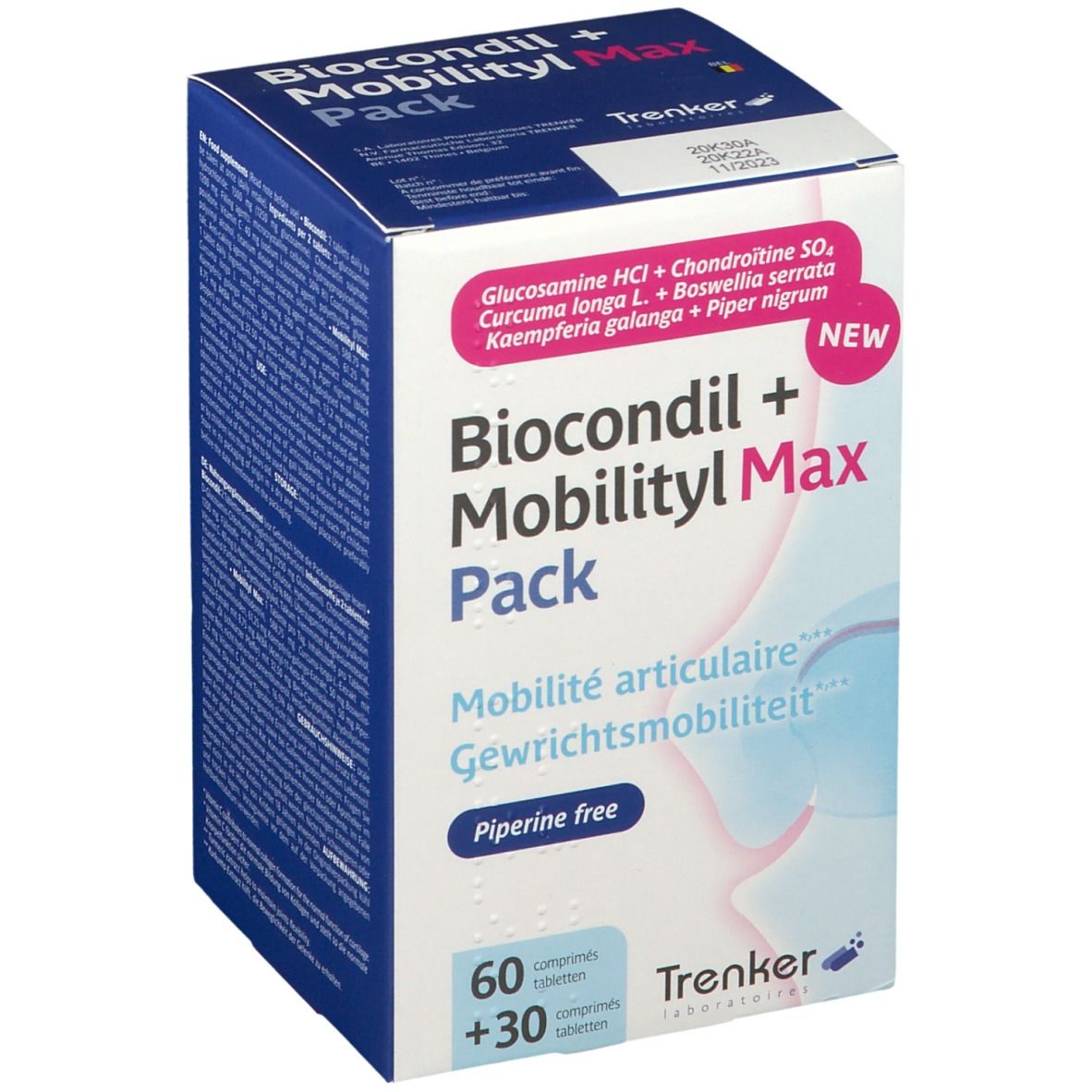 Doos Biocondil + Mobilityl Max Pack. Bevat 60 + 30 tabletten. Opschrift: Mobilité articulaire, Gewichts-mobilité. Merk: Trenker.