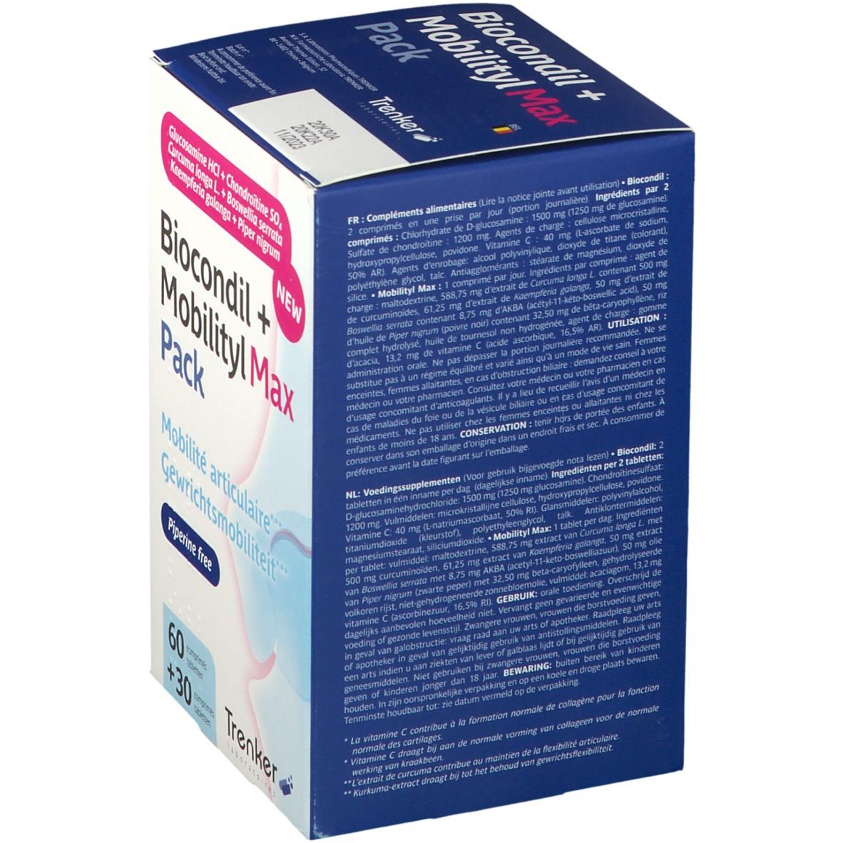 Doos Biocondil + Mobilityl Max Pack. Bevat 60 + 30 tabletten. Opschrift: Mobilité articulaire, Gewichts-mobilité. Merk: Trenker. Achterkant met informatie.