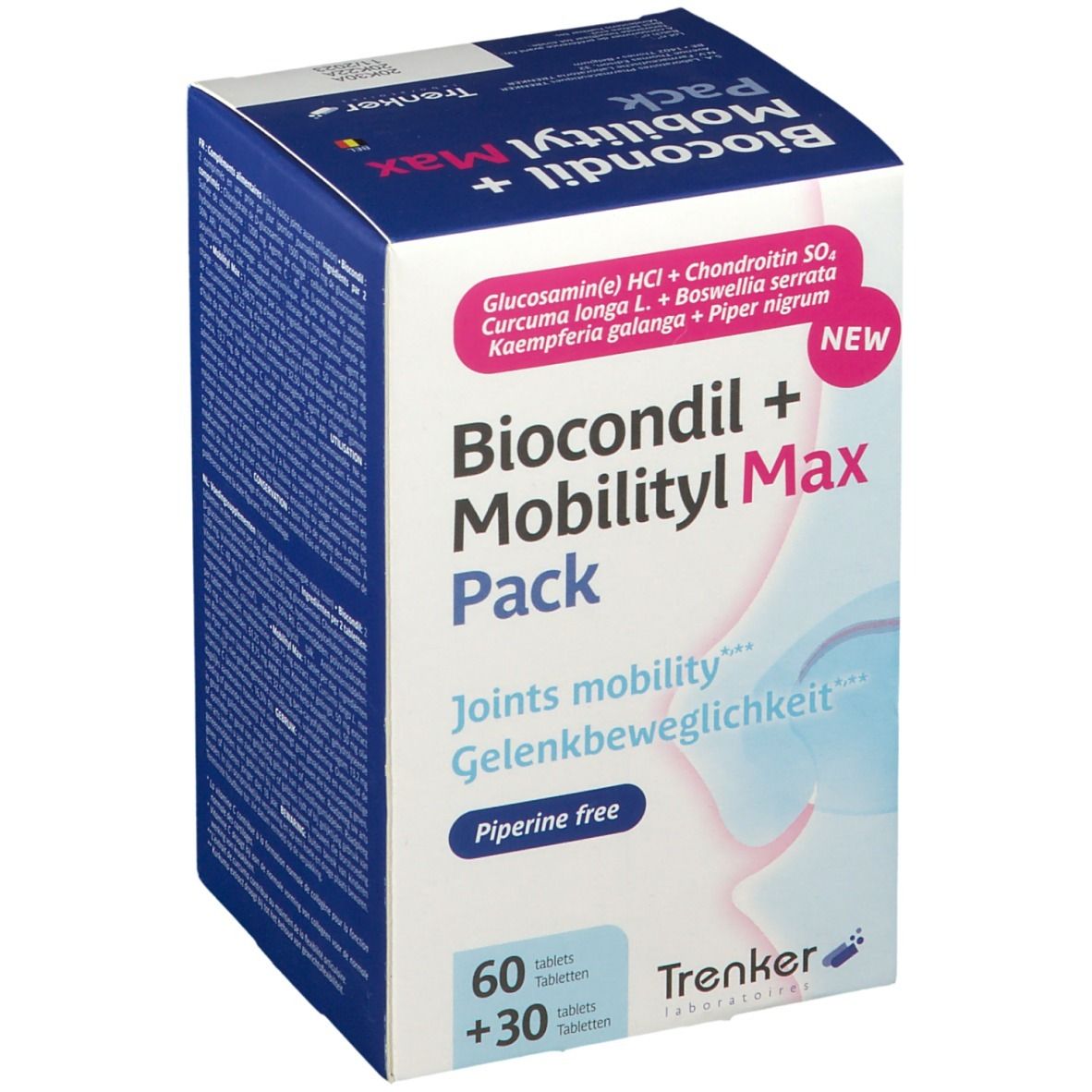 Doos Biocondil + Mobilityl Max Pack. Bevat 60 + 30 tabletten. Opschrift: Joints mobility, Gelenkbeweglichkeit. Merk: Trenker.