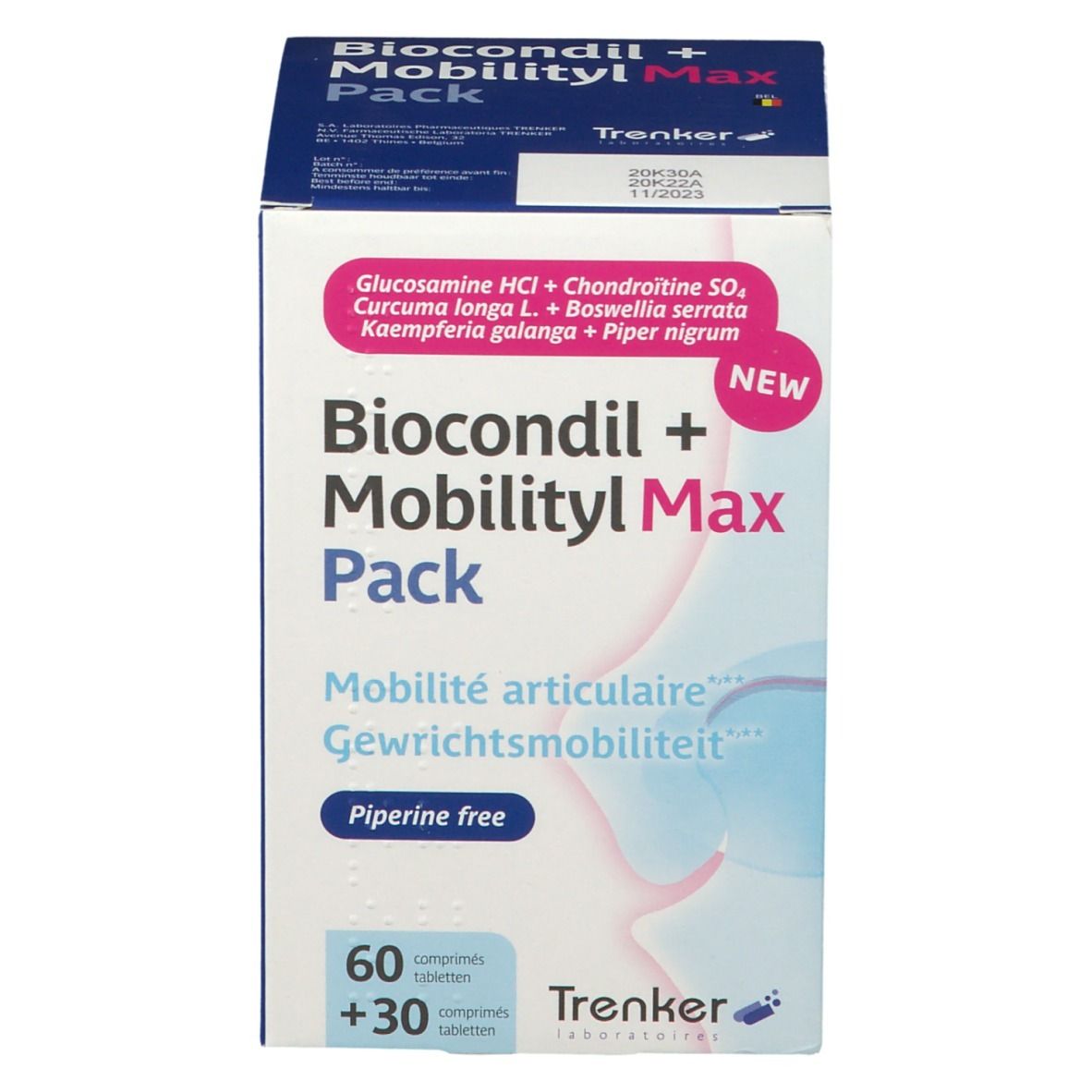 Doos Biocondil + Mobilityl Max Pack. Bevat 60 + 30 tabletten. Opschrift: Mobilité articulaire, Gewichts-mobilité. Merk: Trenker.