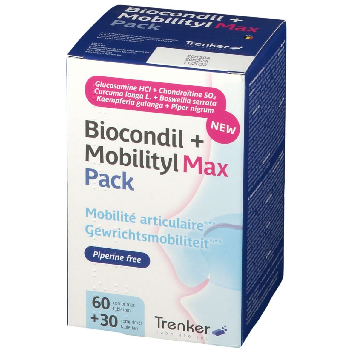 Doos Biocondil + Mobilityl Max Pack. Bevat 60 + 30 tabletten. Opschrift: Mobilité articulaire, Gewichts-mobilité. Merk: Trenker.