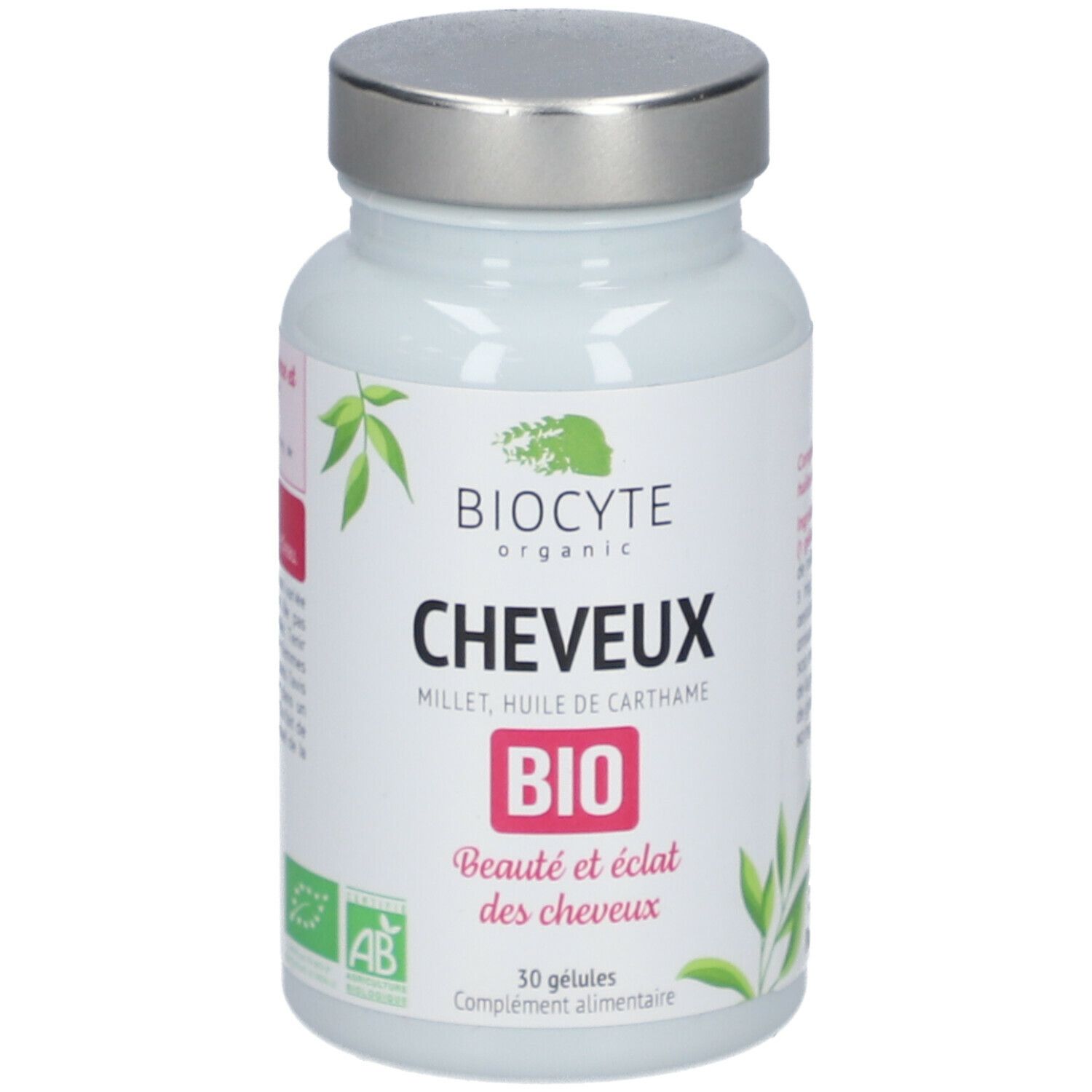 Wit flesje met zilveren dop. Opschrift: BIO, CHEVEUX, 30 capsules. AB bio-label. Bladdecoratie.