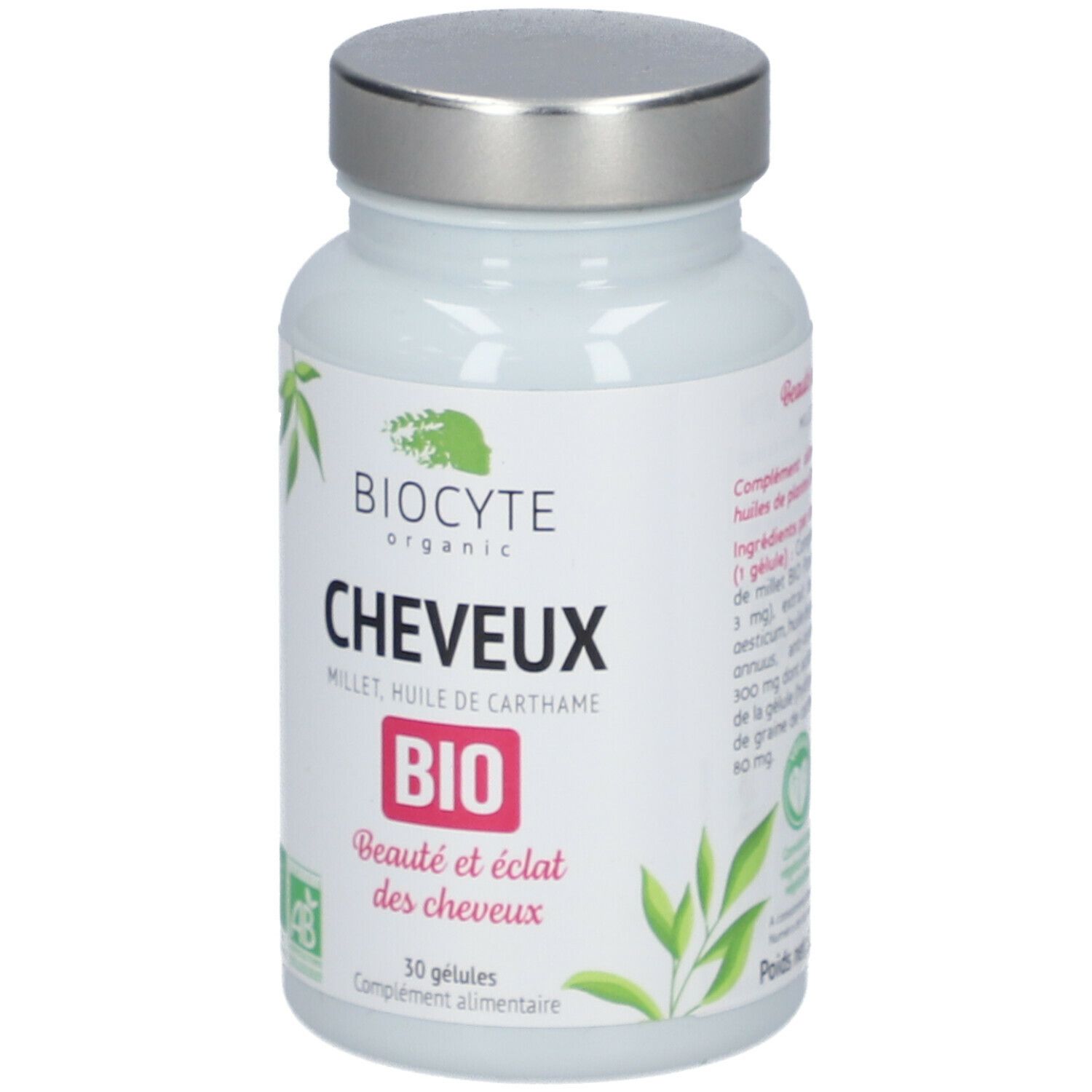 Wit flesje met zilveren dop. Opschrift: BIO, CHEVEUX, 30 capsules. AB bio-label. Bladdecoratie.