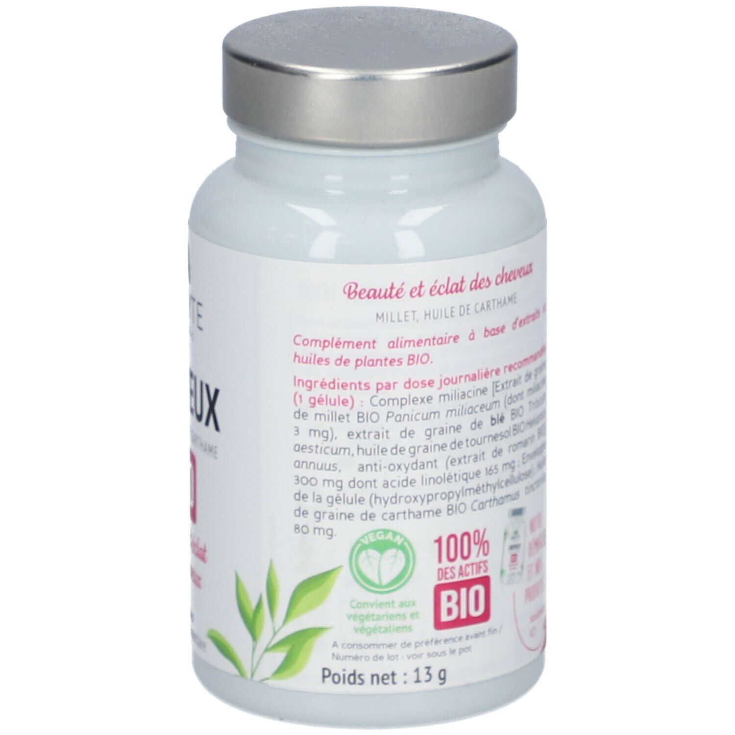 Wit flesje met zilveren dop. Opschrift: CHEVEUX, BIO. 100% des actifs BIO. AB bio-label. Nettogewicht: 13g.