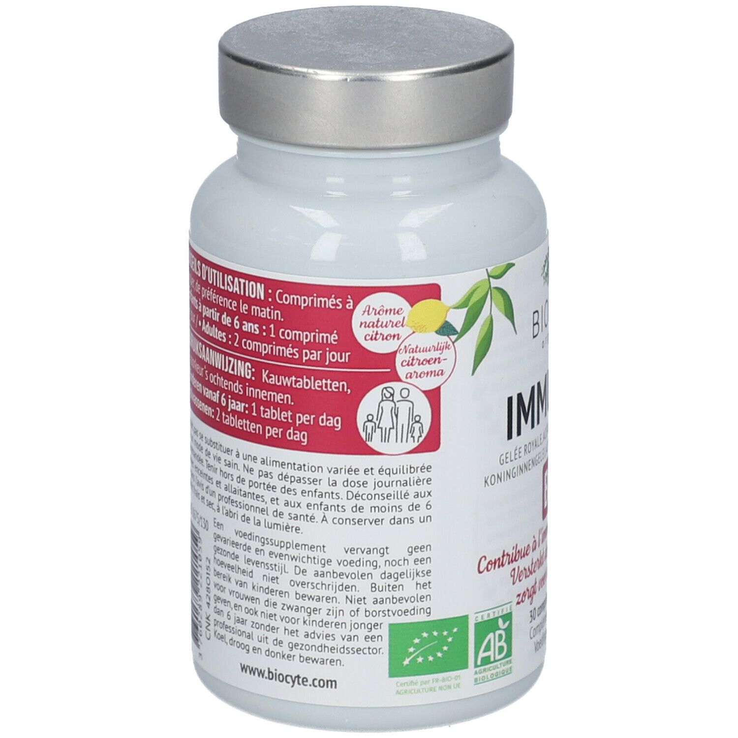 Witte fles Biocyte Immunity Bio met zilveren dop. Etiket met informatie en AB Bio-keurmerk.