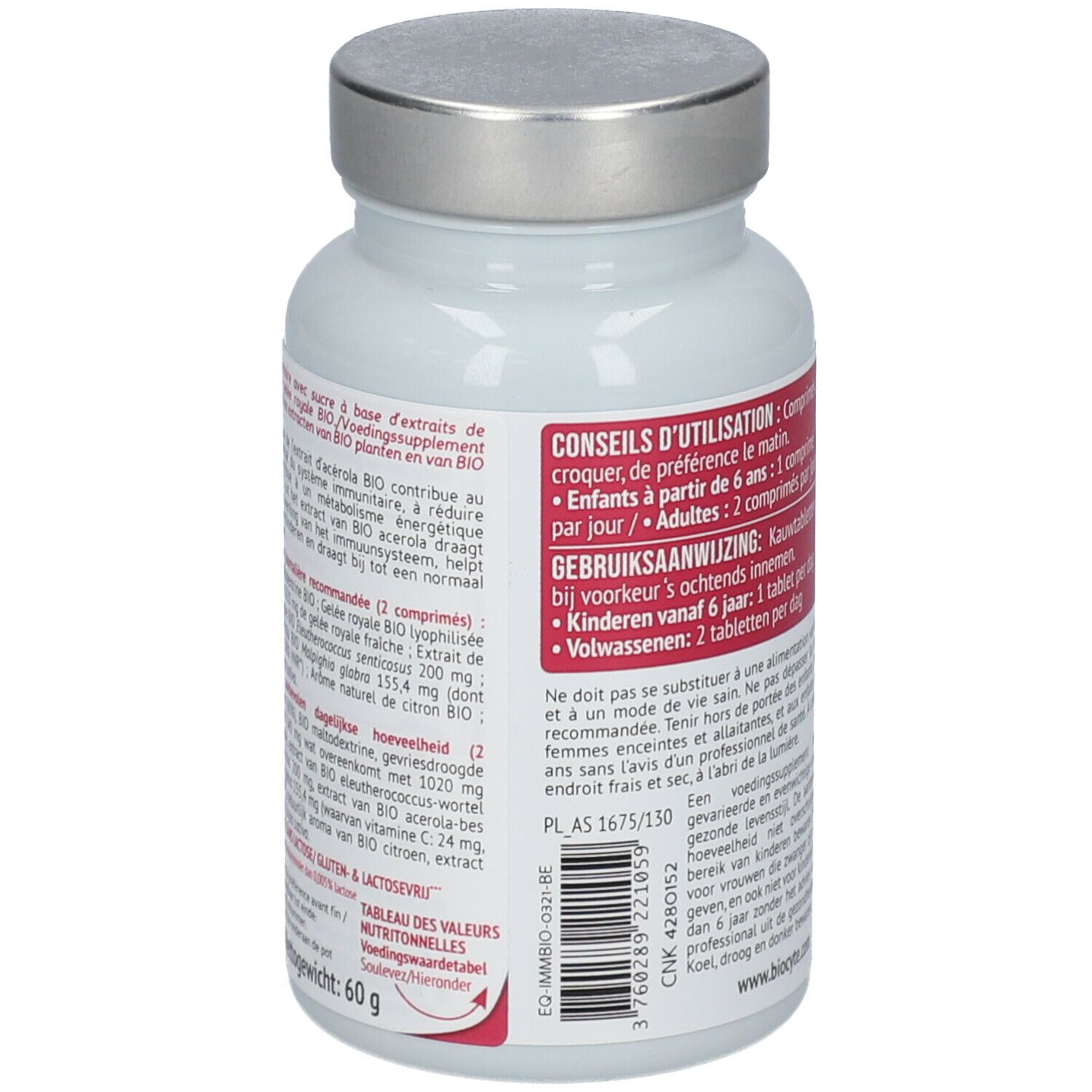 Achterkant van een witte fles Biocyte Immunity Bio. Ingrediënten, dosering en voedingswaarde-informatie.