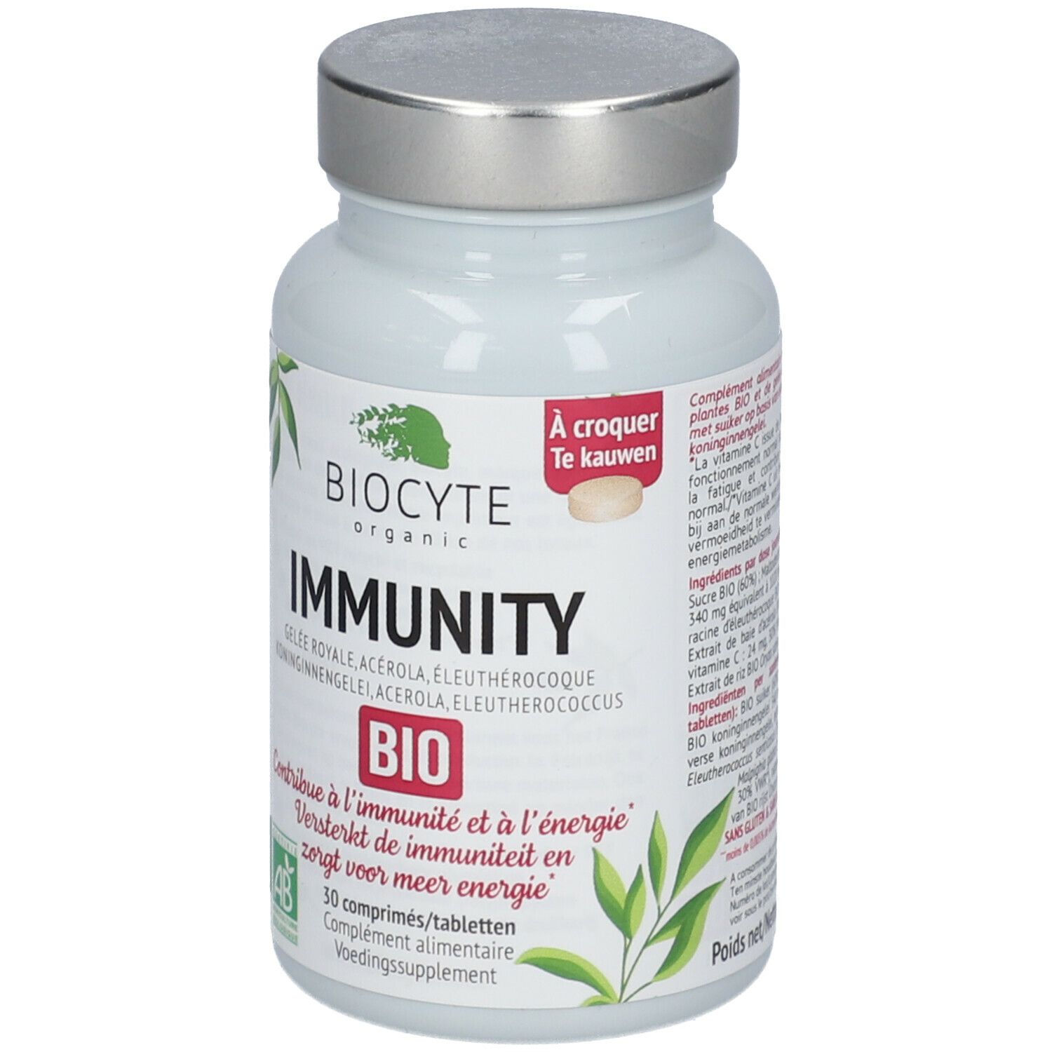 Witte fles Biocyte Immunity Bio met zilveren dop. 30 tabletten. AB Bio-keurmerk. Meertalige tekst.