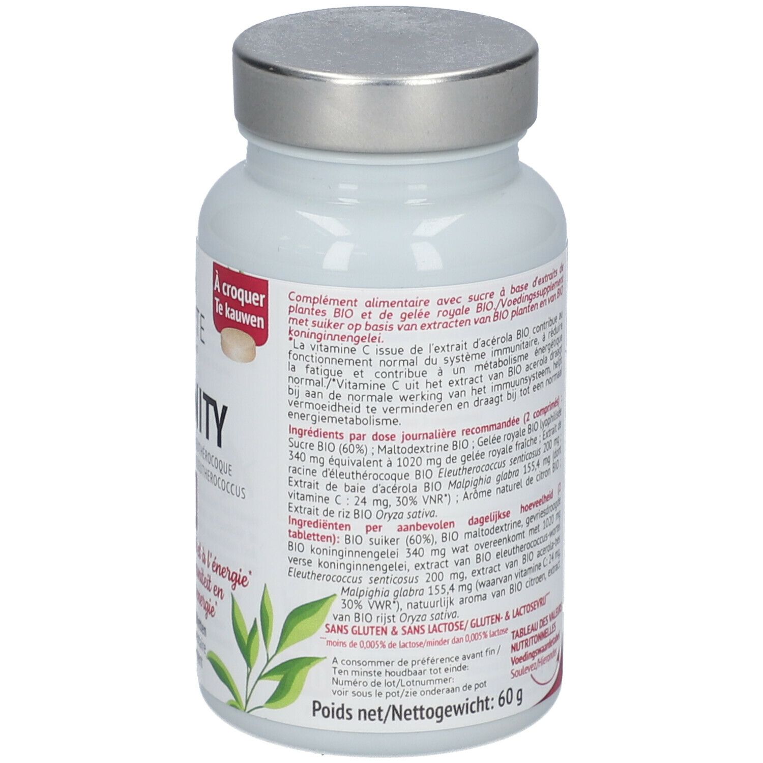Witte fles Biocyte Immunity Bio met zilveren dop. 60g. Ingrediënten en voedingswaarde-informatie. AB Bio-keurmerk.