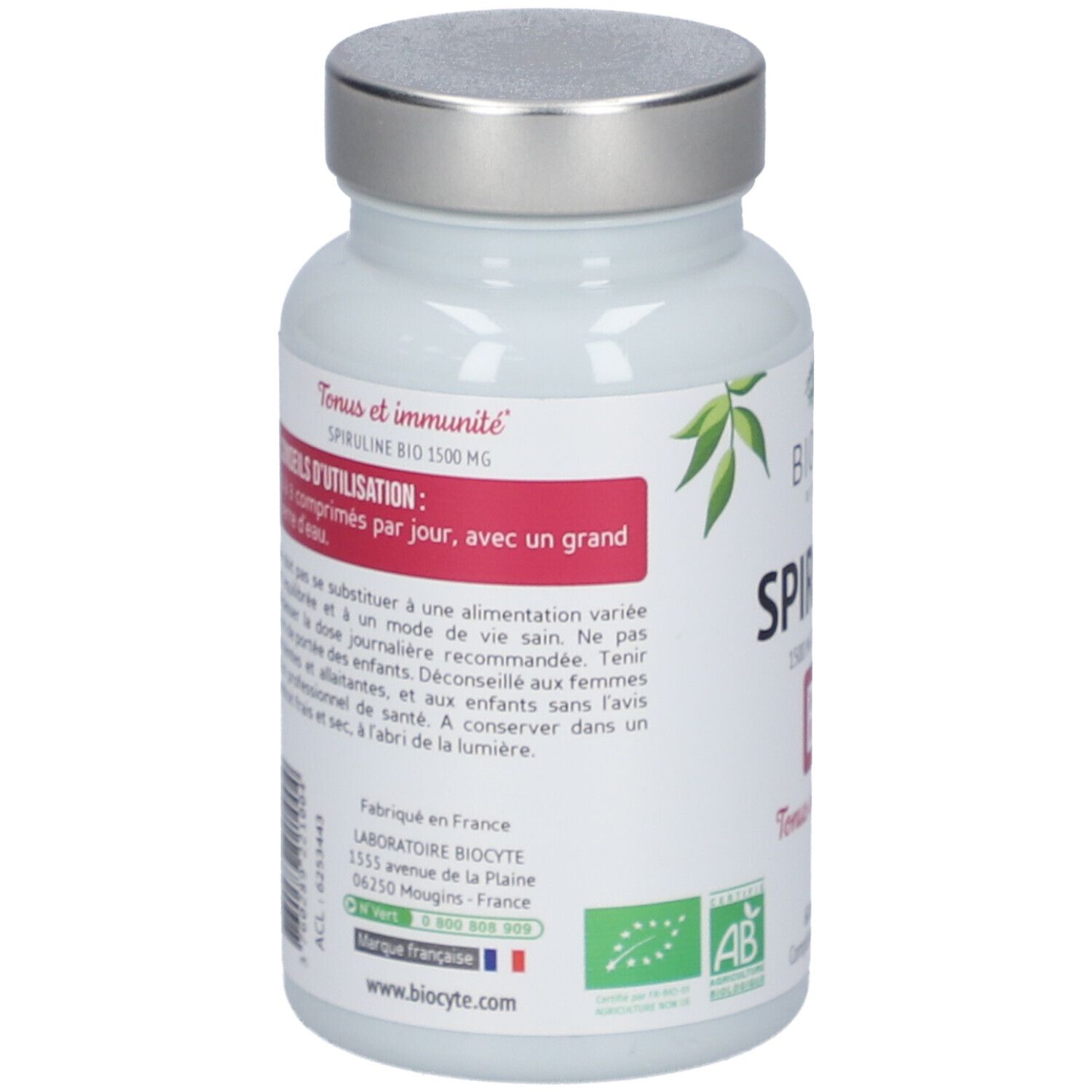 Achterkant witte fles met zilveren dop. Tekst: BIOCYTE Spiruline BIO 1500 mg. AB bio logo. Gemaakt in Frankrijk.