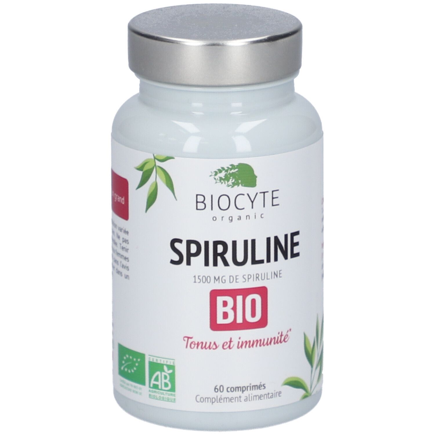 Witte fles met zilveren dop. Opschrift: BIOCYTE Spiruline BIO, 1500 mg, 60 tabletten. AB bio logo.