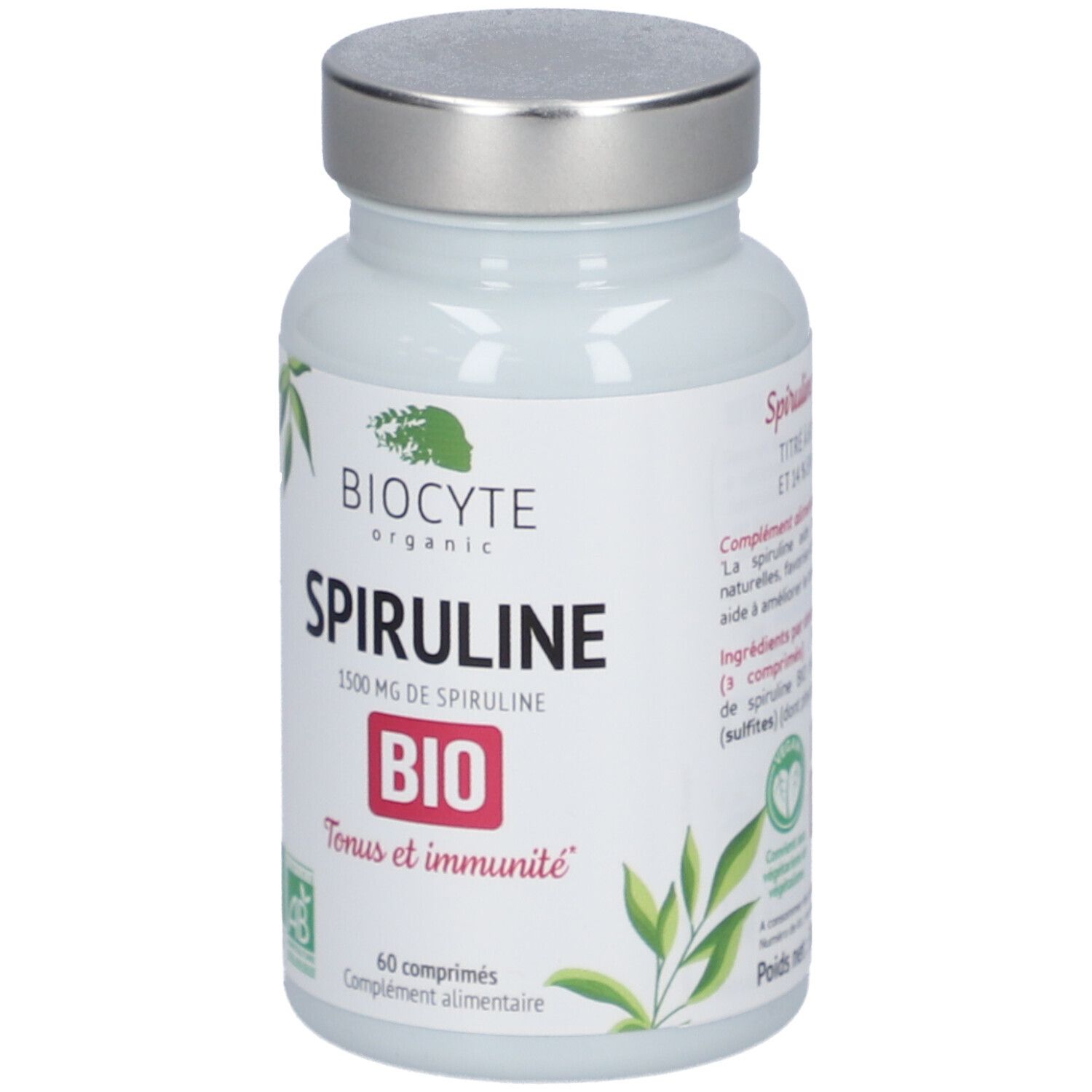 Witte fles met zilveren dop. Opschrift: BIOCYTE Spiruline BIO, 1500 mg, 60 tabletten. AB bio logo.