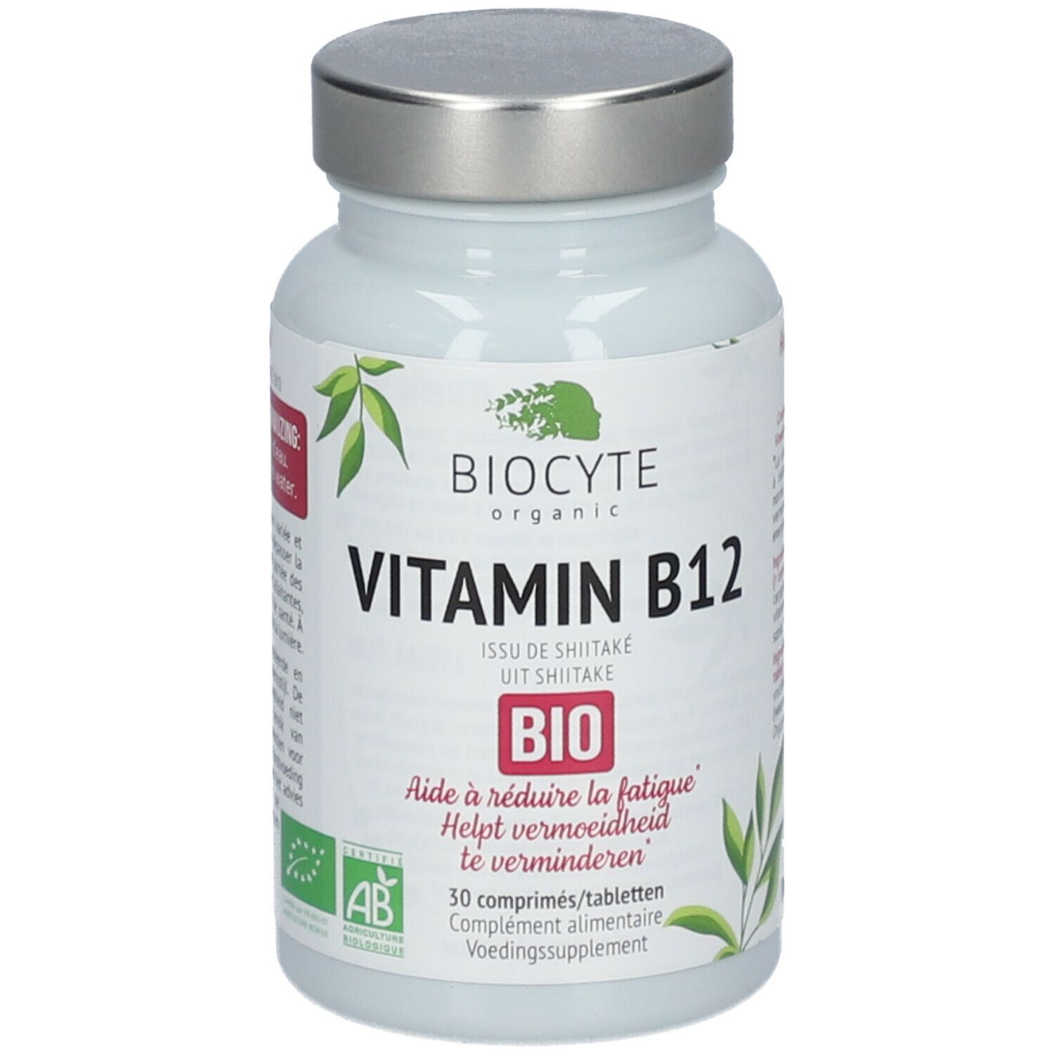 Witte fles met zilveren dop. Opschrift: BIOCTYE Vitamin B12, BIO-certificering. 30 tabletten.