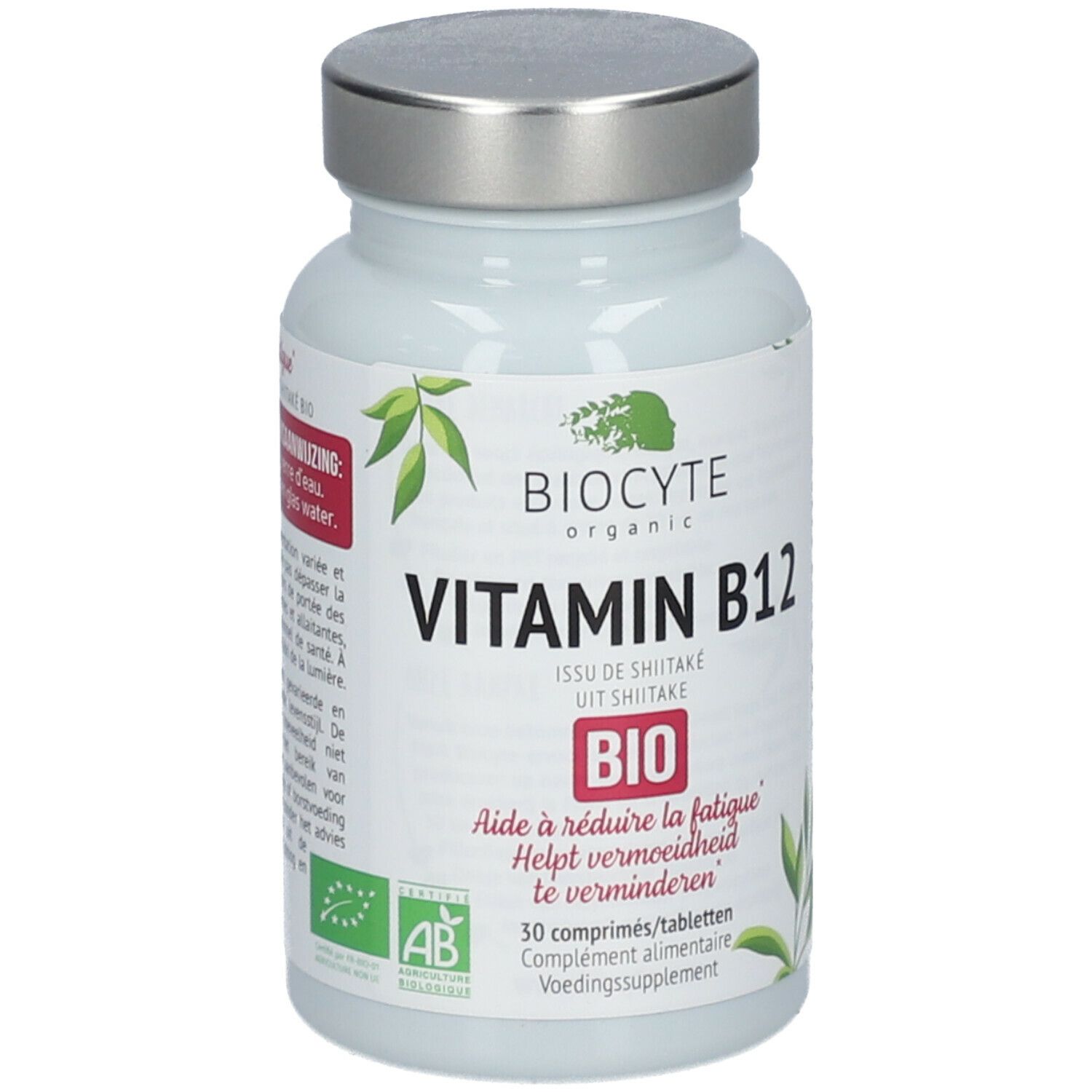 Witte fles met zilveren dop. Opschrift: BIOCTYE Vitamin B12, BIO-certificering. 30 tabletten.