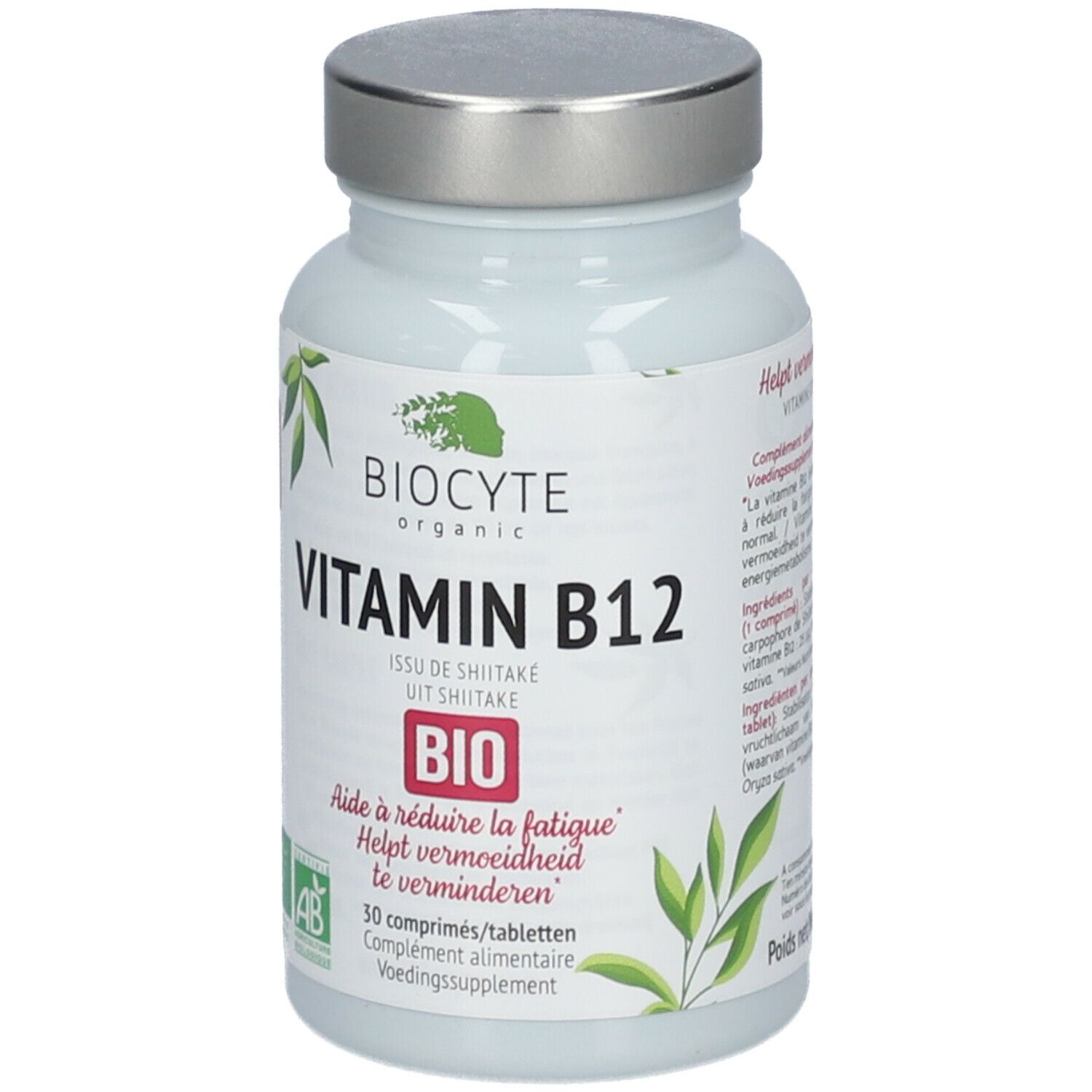 Witte fles met zilveren dop. Opschrift: BIOCTYE Vitamin B12, BIO-certificering. 30 tabletten.