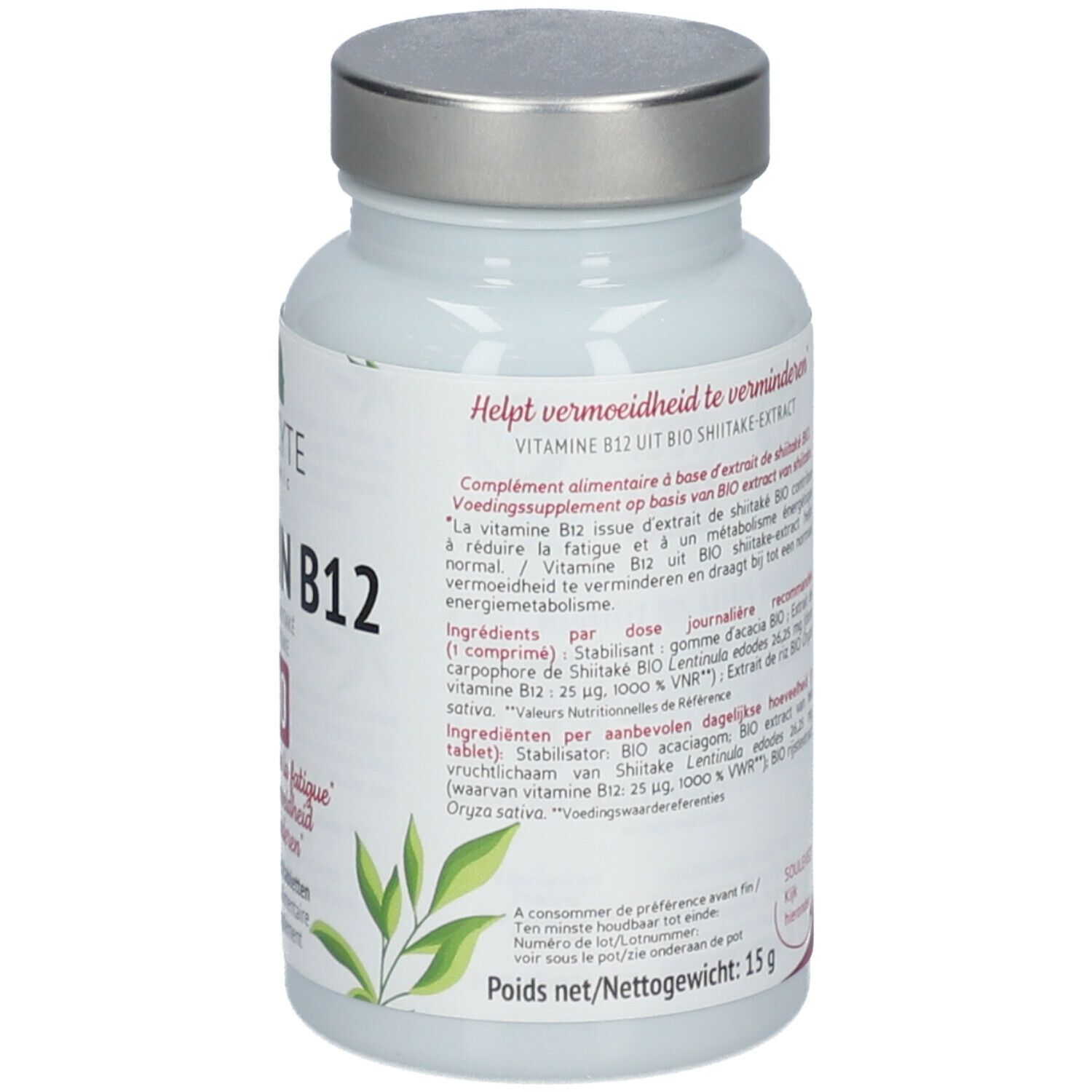 Achterkant van de fles. Tekst: Vitamine B12, BIO-certificering. Bevat informatie over ingrediënten en voedingswaarden.