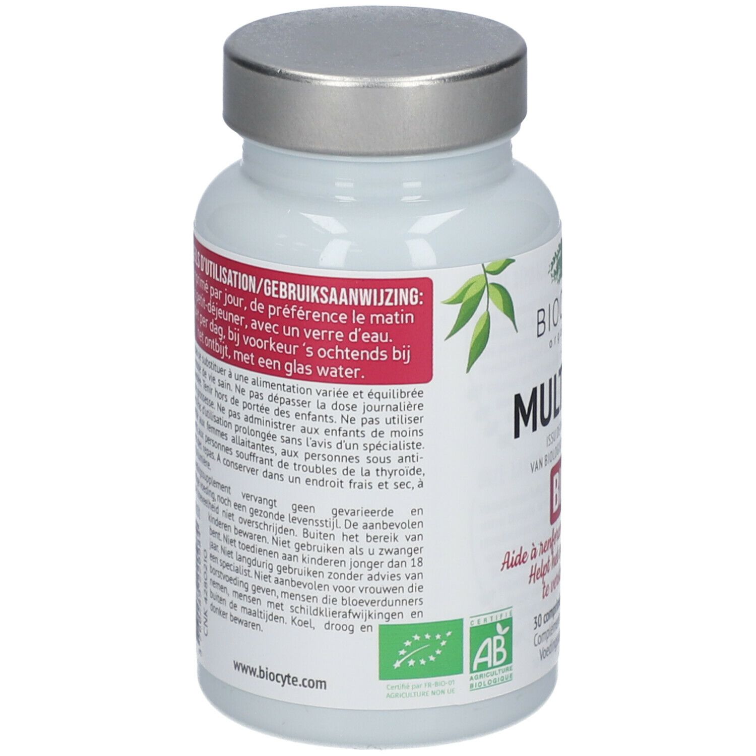 Witte fles met zilveren dop. Opschrift: Biocyte Multivit Bio. Bevat 30 tabletten. Met AB bio-keurmerk.