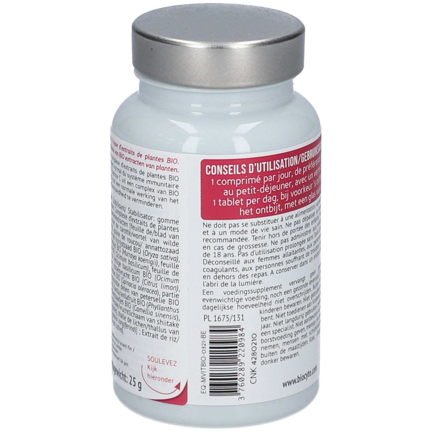 Witte fles met zilveren dop. Opschrift: Biocyte Multivit Bio. Bevat 30 tabletten. Met AB bio-keurmerk.