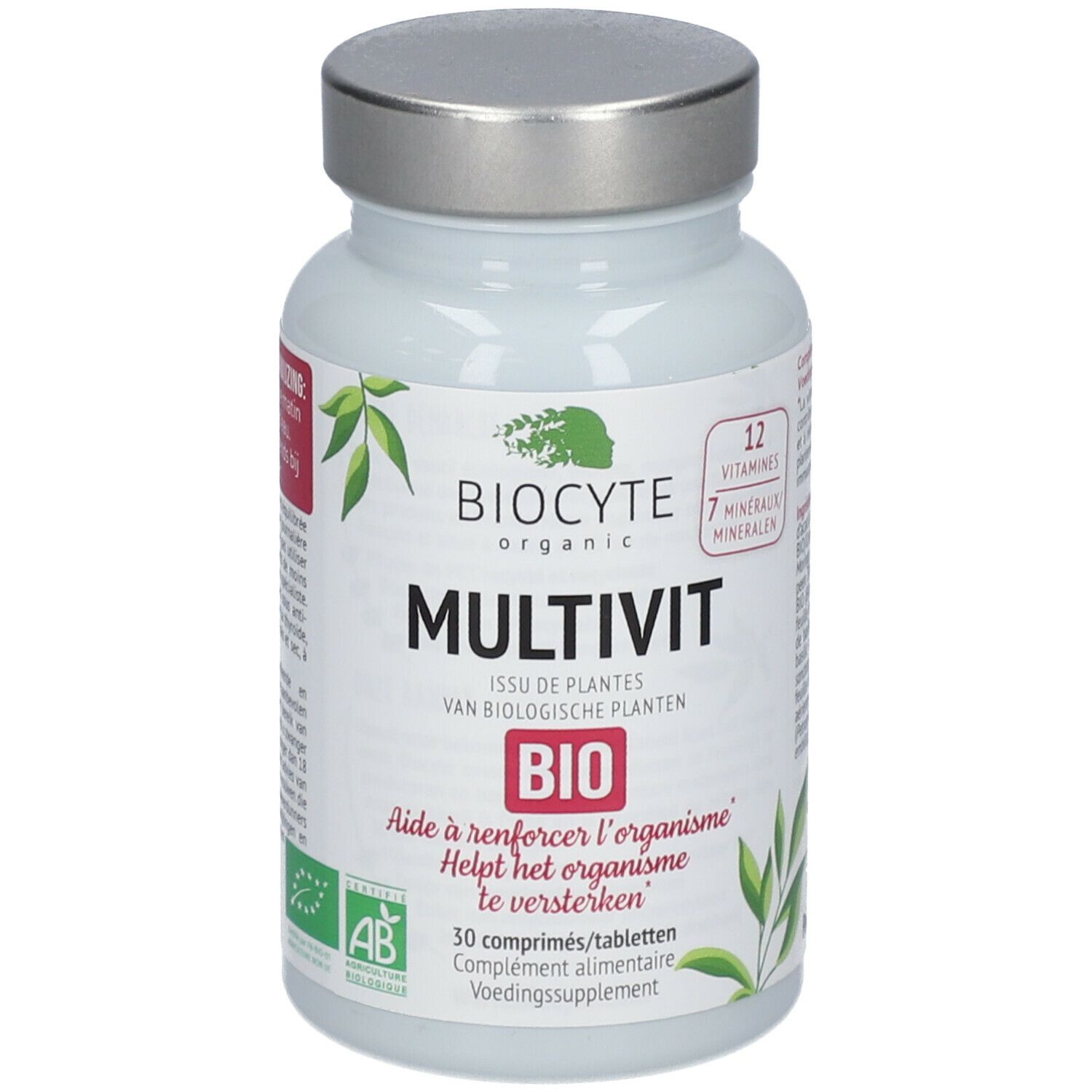 Witte fles met zilveren dop. Opschrift: Biocyte Multivit Bio. Bevat 30 tabletten. Met AB bio-keurmerk.