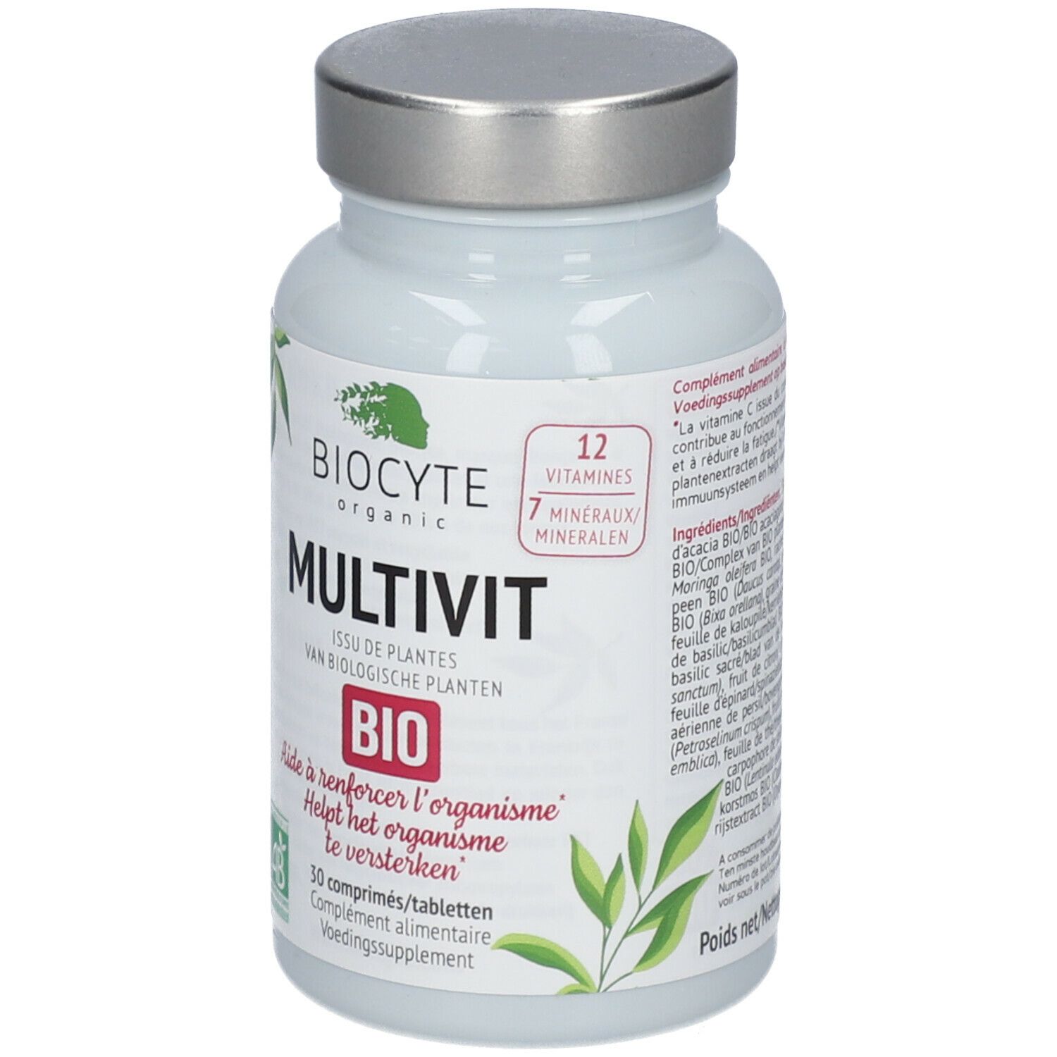 Witte fles met zilveren dop. Opschrift: Biocyte Multivit Bio. Bevat 30 tabletten. Met AB bio-keurmerk.