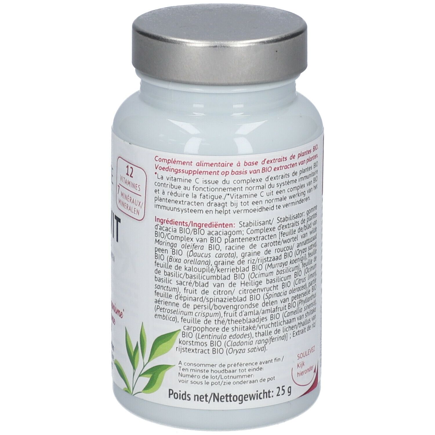 Witte fles met zilveren dop. Opschrift: Biocyte Multivit Bio. Bevat 30 tabletten. Met AB bio-keurmerk.