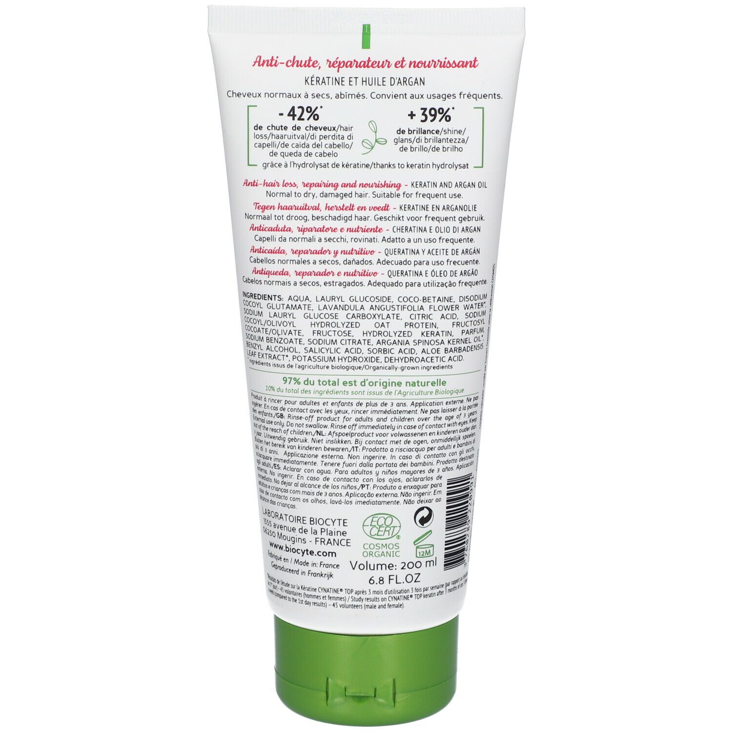 Dos du tube de shampooing BIOCYTE Keratin. Texte : Anti-chute, réparateur, nourrissant. Ingrédients, mode d'emploi. 200 ml.