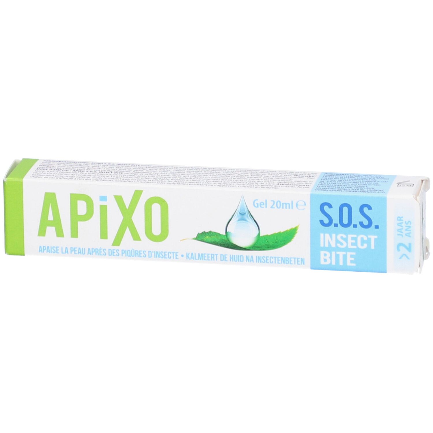 Verpackung von Apixo S.O.S. Insect Bite. Grün-weiße Tube mit Produktnamen und S.O.S. Insect Bite. Enthält 20ml Gel.