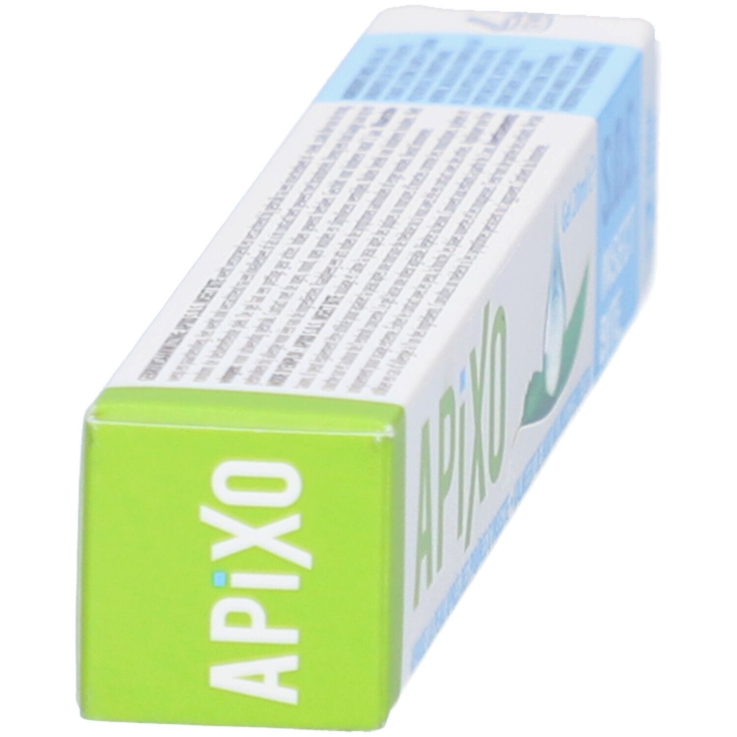 Schrägansicht der Apixo S.O.S. Insect Bite Verpackung. Grün-weiße Schachtel mit Produktnamen und S.O.S. Insect Bite.