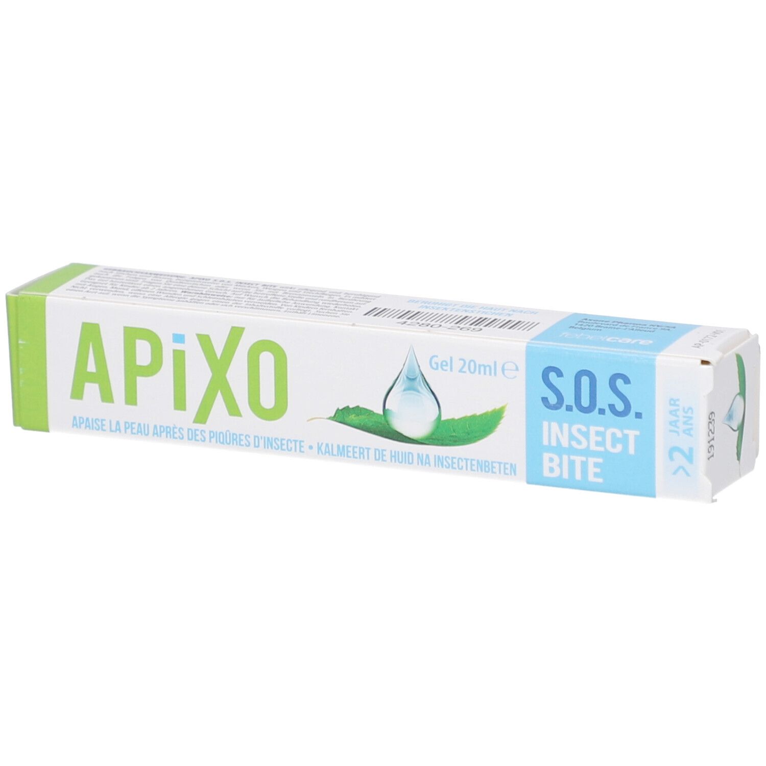 Verpackung von Apixo S.O.S. Insect Bite. Grün-weiße Tube mit Produktnamen und S.O.S. Insect Bite. Enthält 20ml Gel.