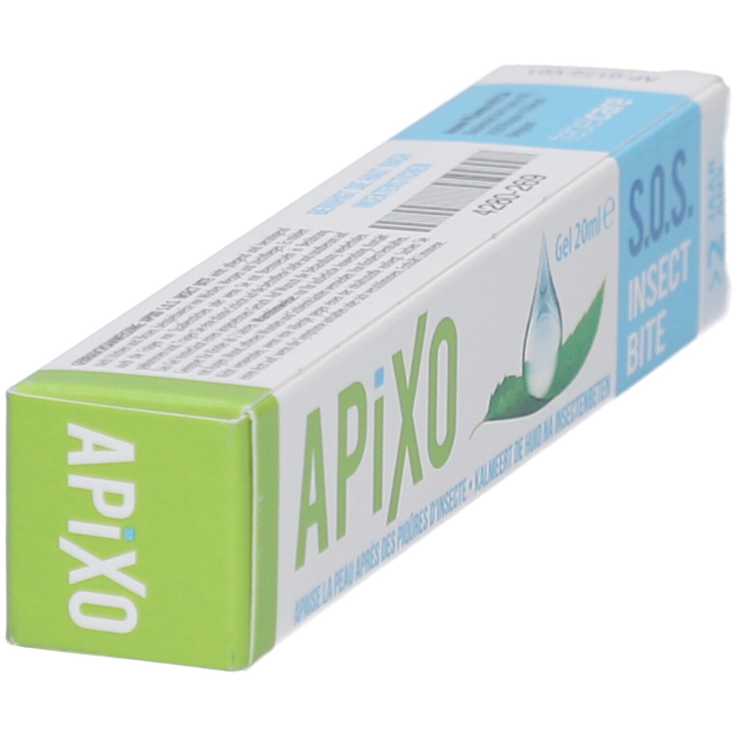 Schrägansicht der Apixo S.O.S. Insect Bite Verpackung. Grün-weiße Schachtel mit Produktnamen und S.O.S. Insect Bite.