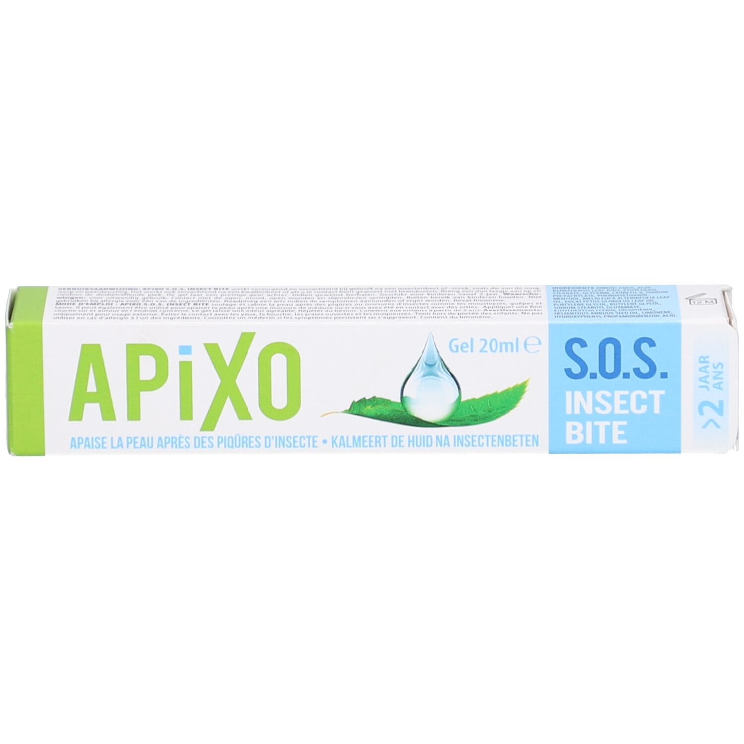Verpackung von Apixo S.O.S. Insect Bite. Grün-weiße Tube mit Produktnamen und S.O.S. Insect Bite. Enthält 20ml Gel.