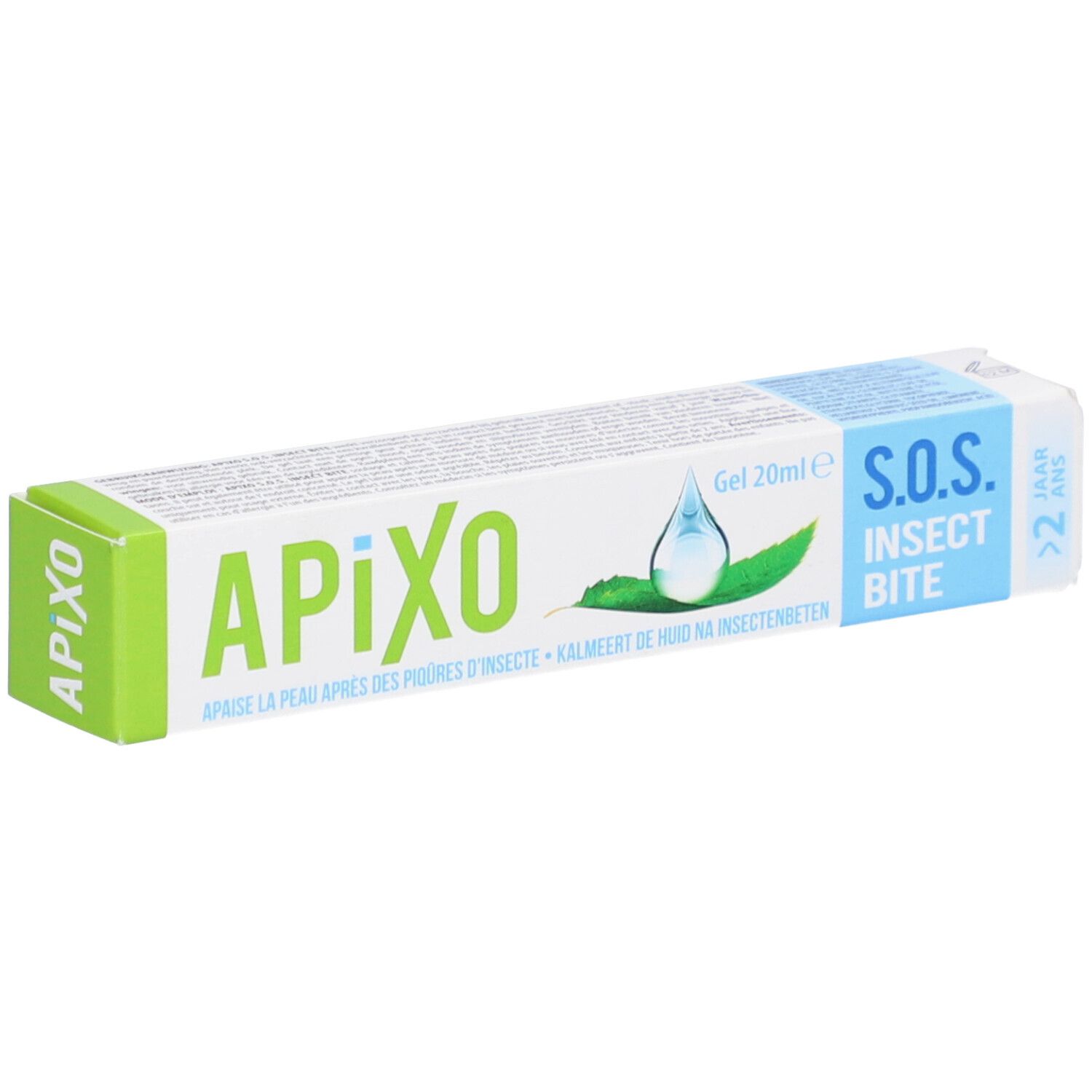 Verpackung von Apixo S.O.S. Insect Bite. Grün-weiße Tube mit Produktnamen und S.O.S. Insect Bite. Enthält 20ml Gel.