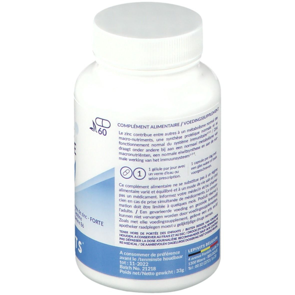 Achterkant van de witte fles met capsules. Tekst: Voedingssupplement. Bevat zink. Dosering: 1 capsule per dag.