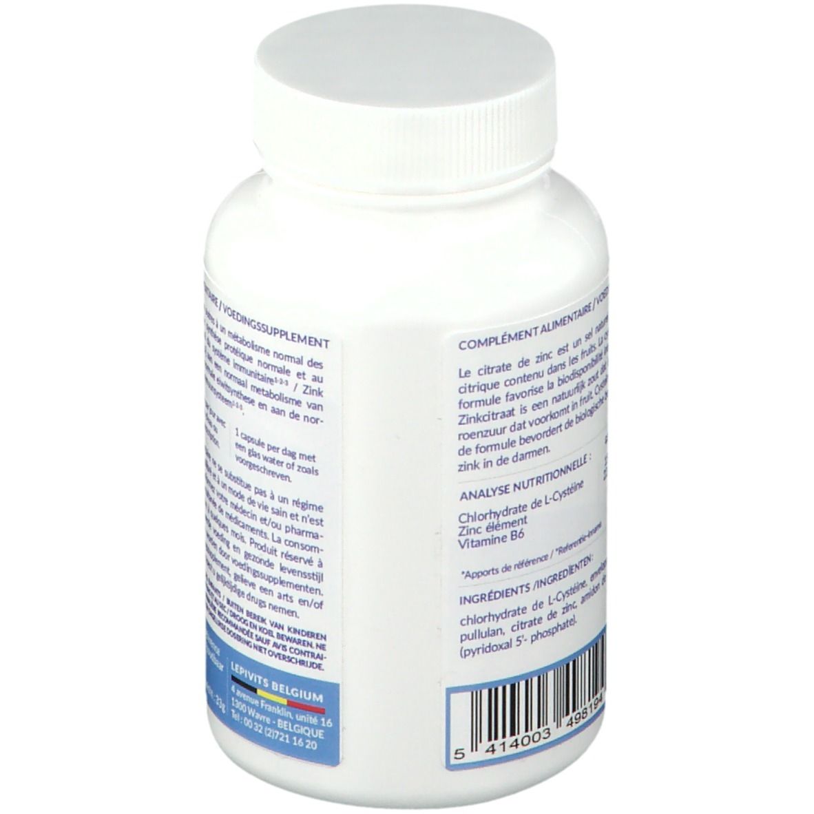 Achterkant van de witte fles met capsules. Tekst: Voedingssupplement. Ingrediënten: Zink, L-cysteïne, vitamine B6.