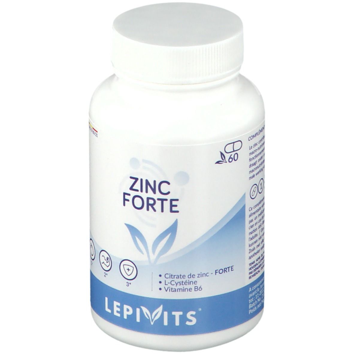 Witte fles met capsules. Opschrift: ZINC FORTE, LEPIVITS. Bevat zink, L-cysteïne, vitamine B6. 60 capsules.
