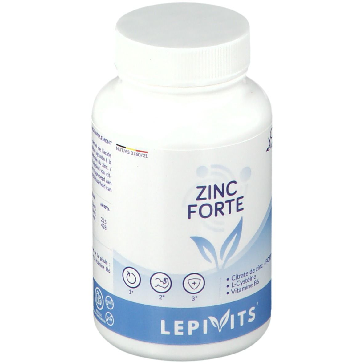 Witte fles met capsules. Opschrift: ZINC FORTE, LEPIVITS. Bevat zink, L-cysteïne, vitamine B6. 60 capsules.