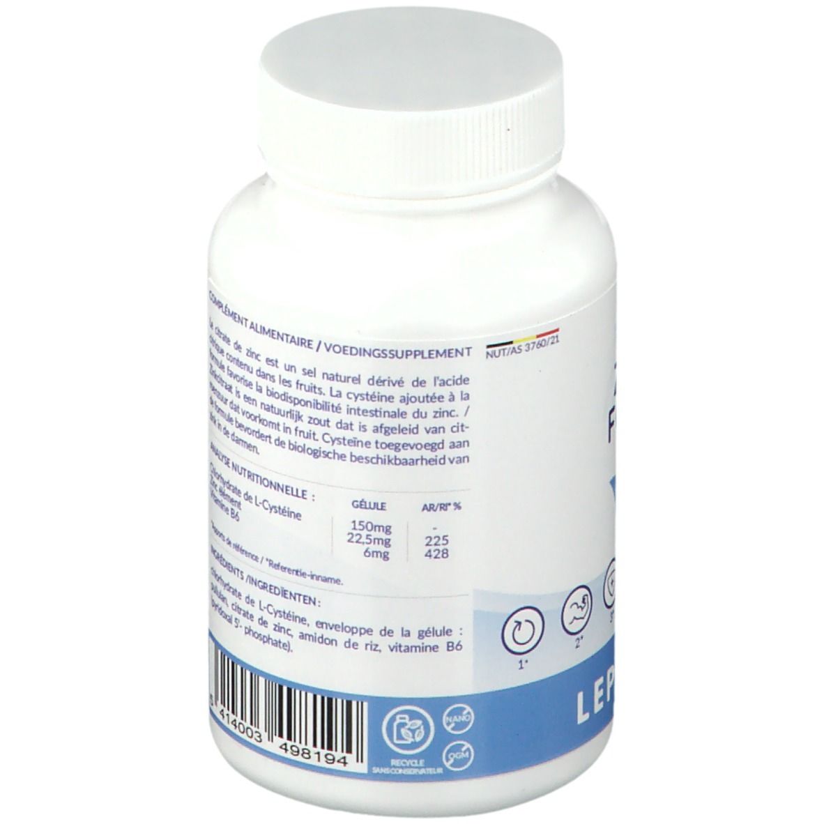 Achterkant van de witte fles met capsules. Tekst: Voedingssupplement. Ingrediënten: Zink, L-cysteïne, vitamine B6. Voedingswaarde-informatie.